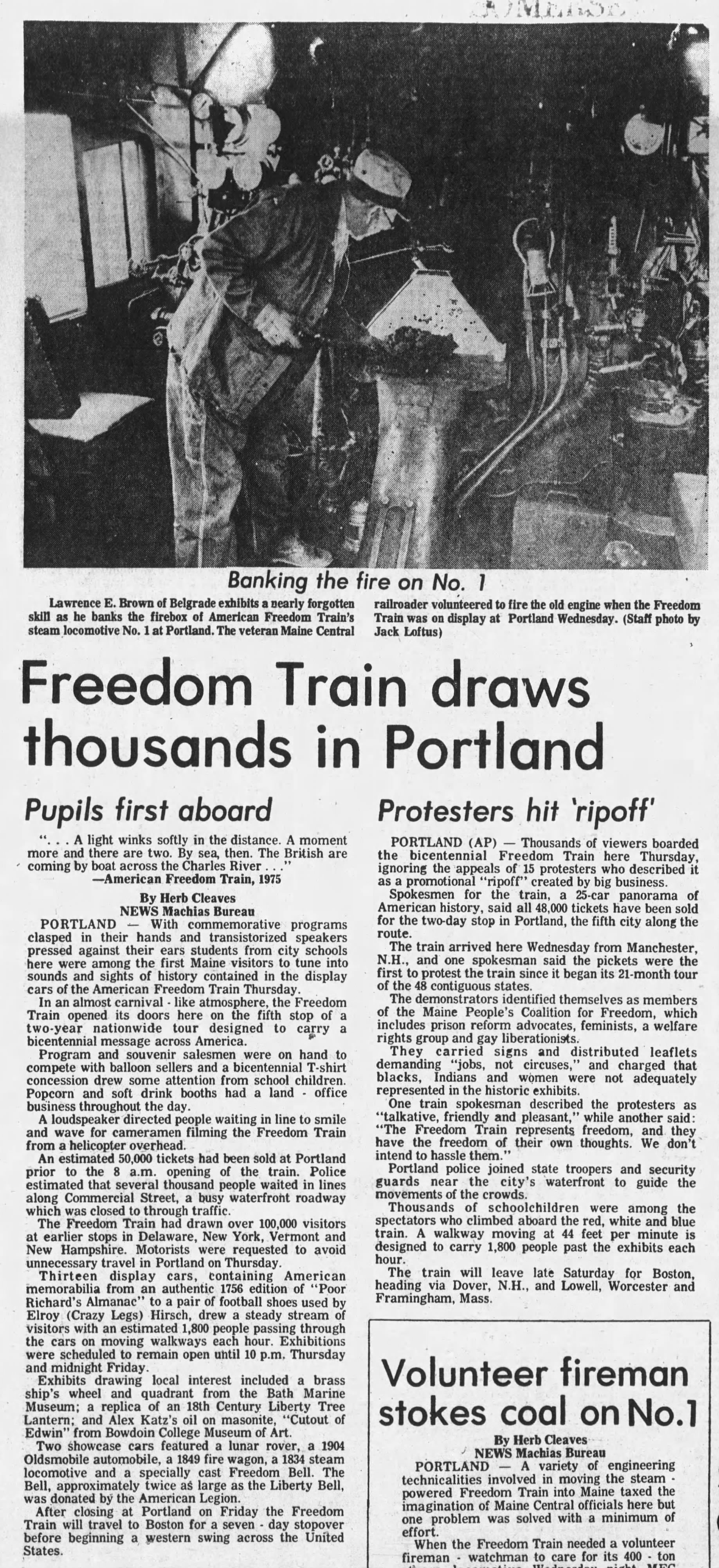 Newspaper article from the Bangor Daily News describing the Freedom Train's stop in Portland, Maine.