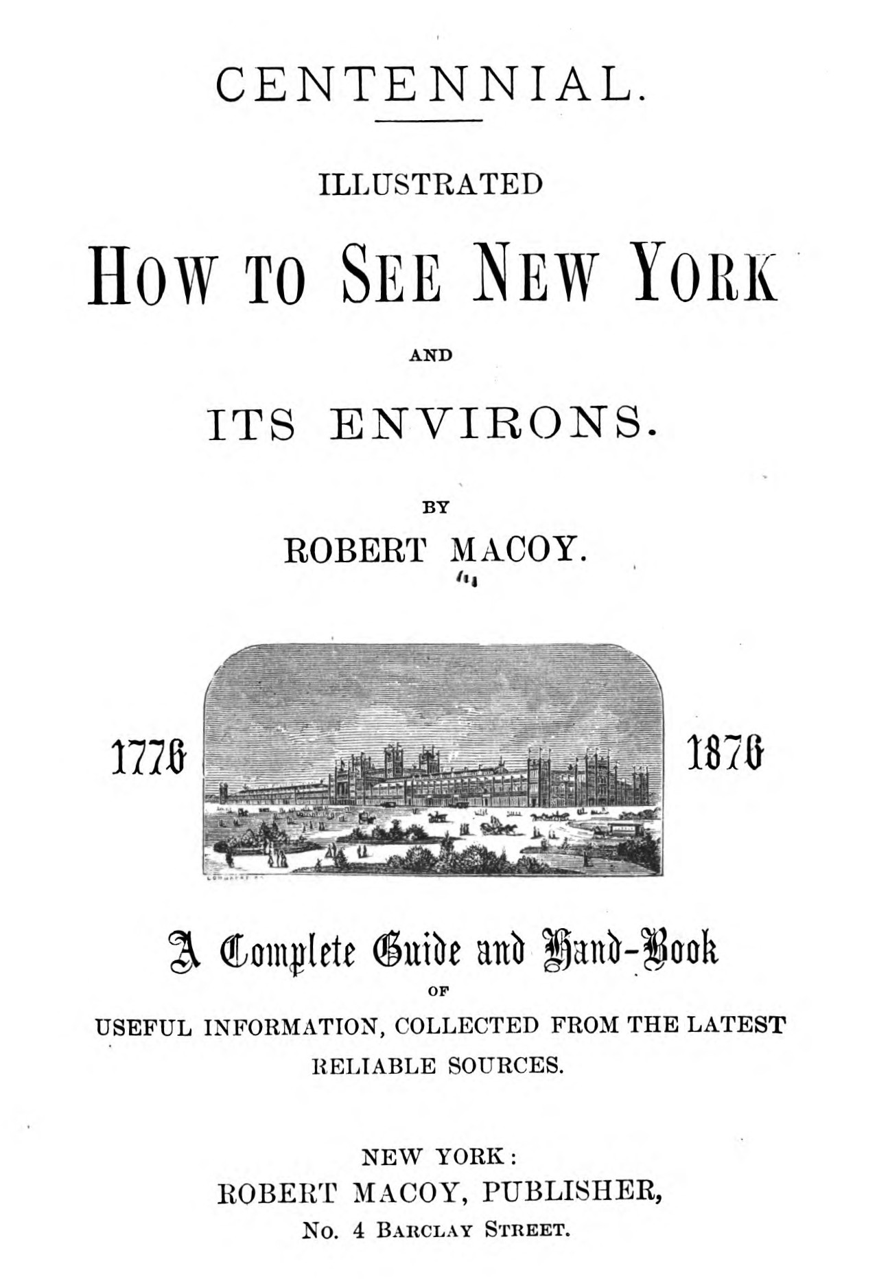 Cover page featuring title and publication text as well as an engraving of the main building from the 1876 International Exhibition in Philadelphia