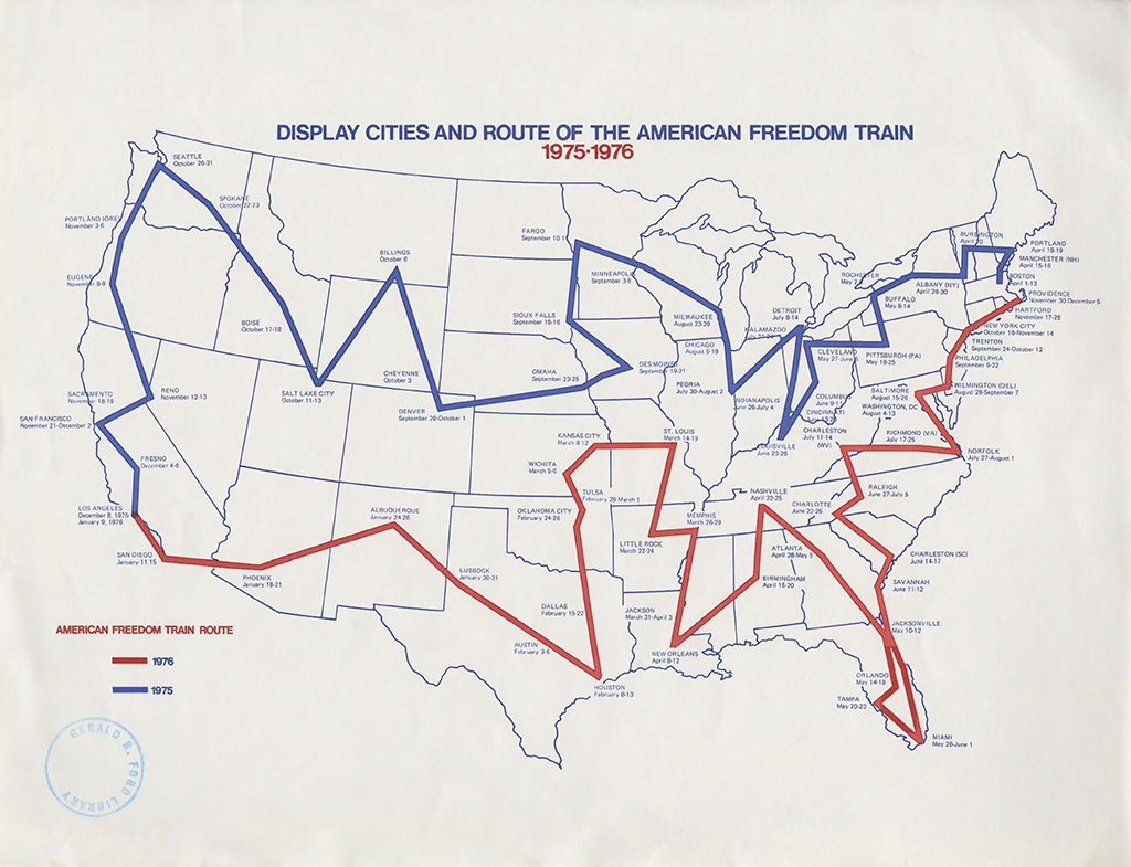 Map of the route of the Freedom Train showing where the train went in blue and red lines across the continental United States.