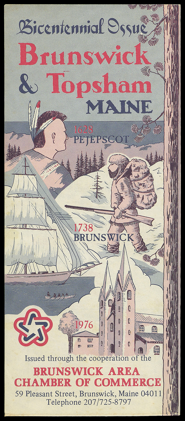 Color image of the cover of a local map printed for the Bicentennial. The cover features imagery of a Native American, a settler, a ship, and a church.