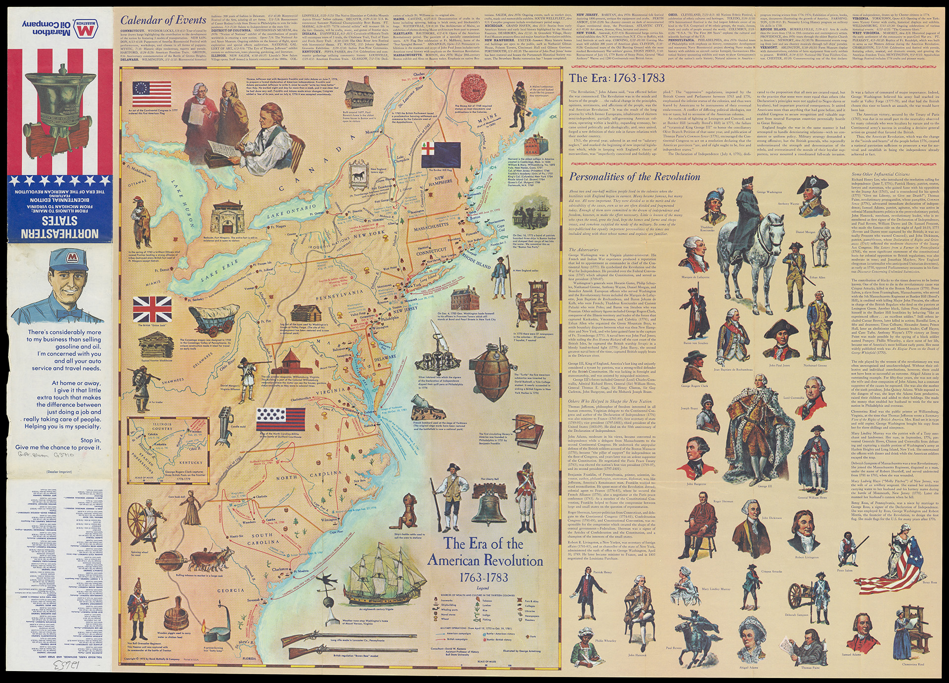 Color image depicting a map of the northeastern United States and sites and people related to American history and the American Revolution.