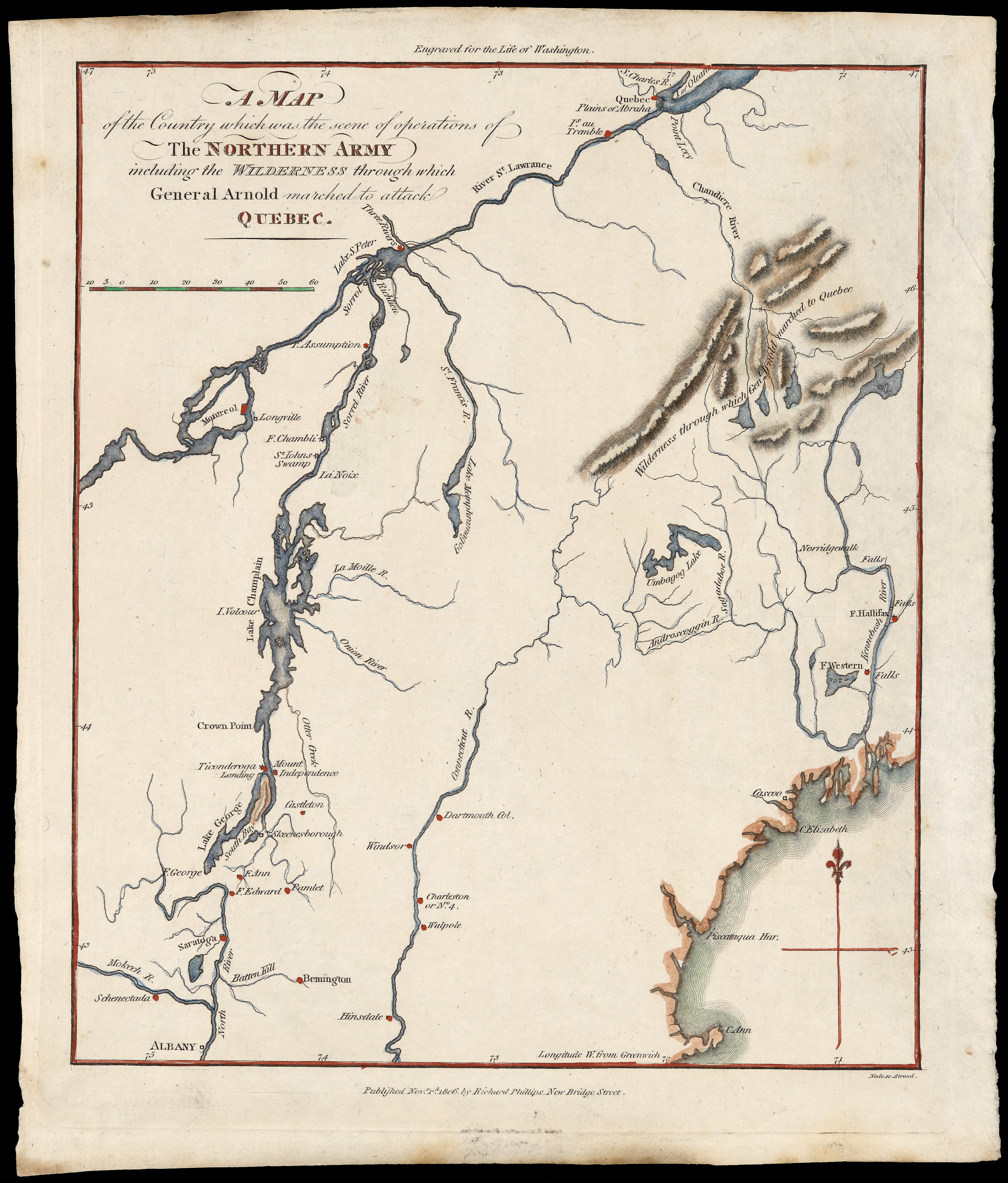 Illustrated map of New England, Quebec, and the St. Lawrence River, indicating where General Arnold marched to attack Quebec.