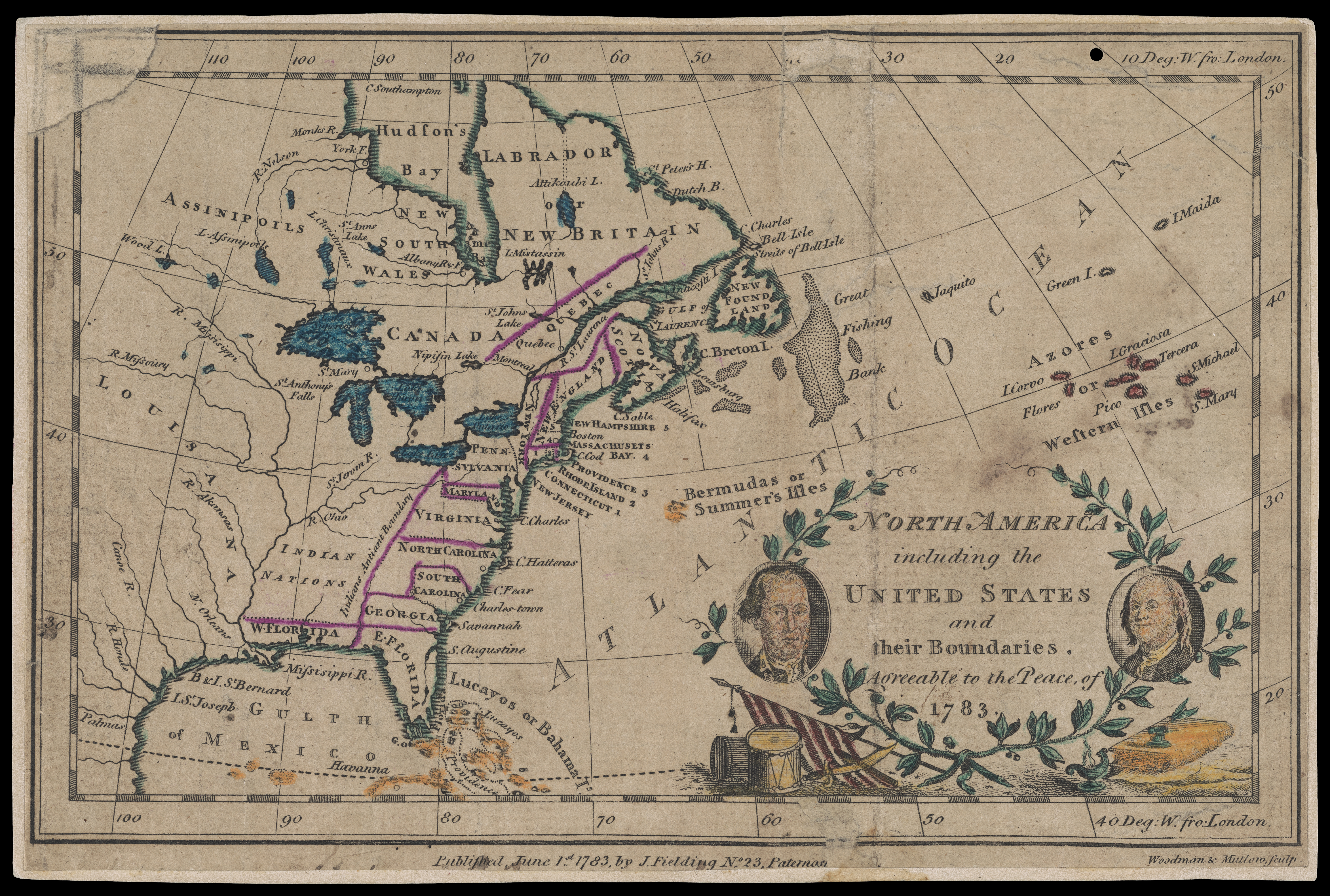 Map of the eastern part of North America showing state borders in pink. The cartouche in the lower right includes portraits of George Washington and Benjamin Franklin