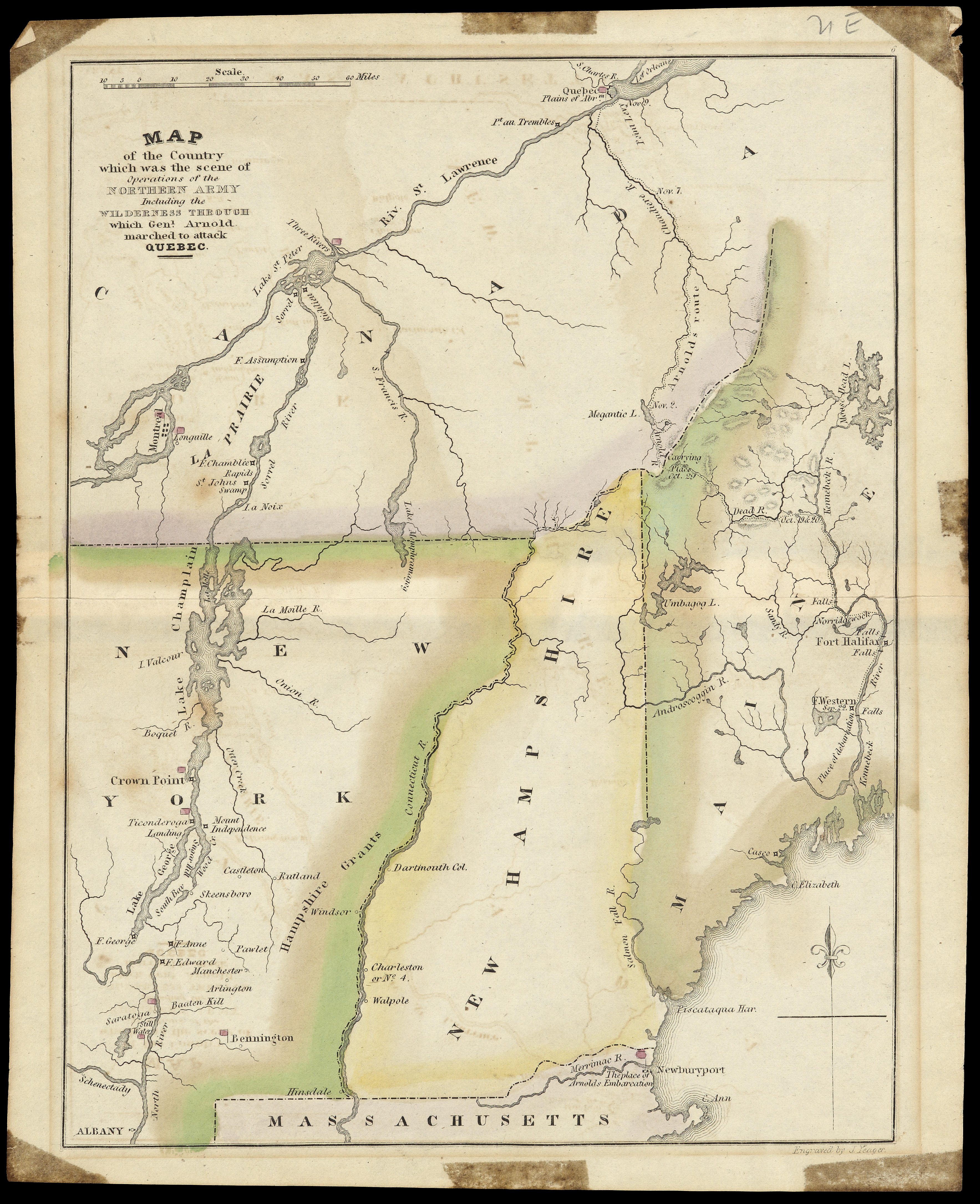 Historical map of New England showing the locations of towns, forts, and waterways. Map also shows the route taken by General Benedict Arnold in leading an attack on Québec.