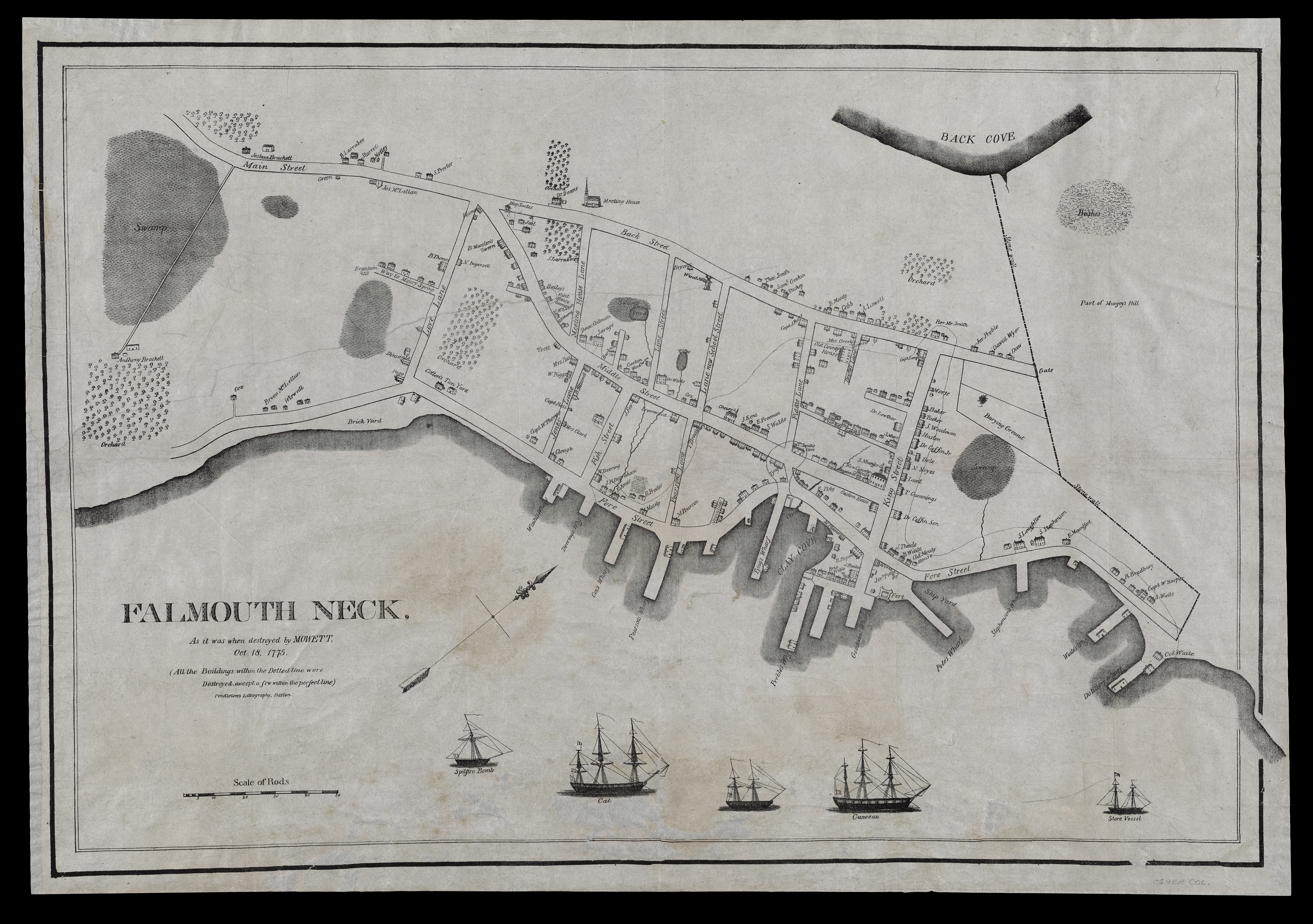 Engraving showing areas of destruction from Mowett's bombardment of Falmouth in 1775.