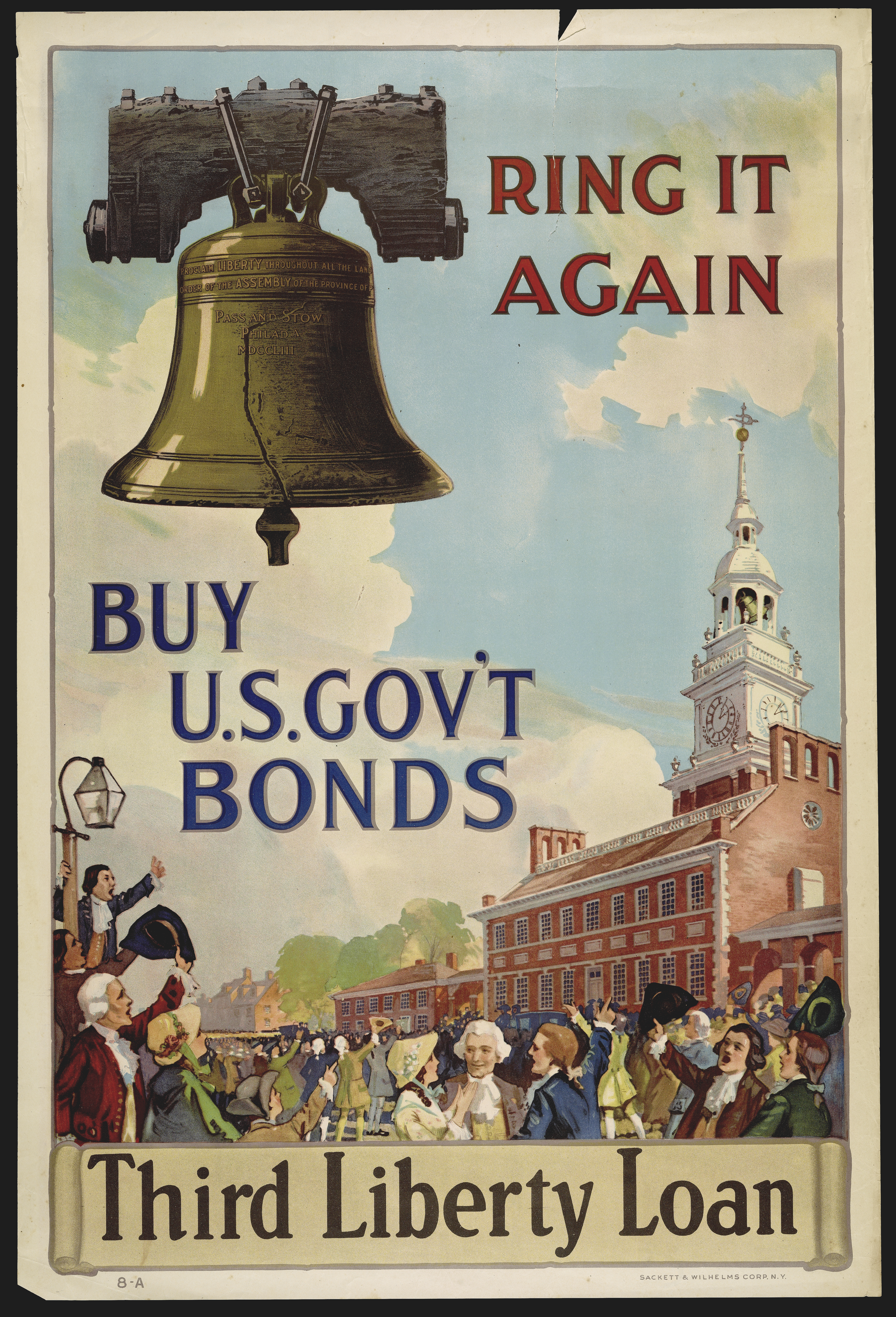 Poster promoting the purchasing of war bonds with an image of the Liberty Bell and Liberty Hall in Philadelphia.