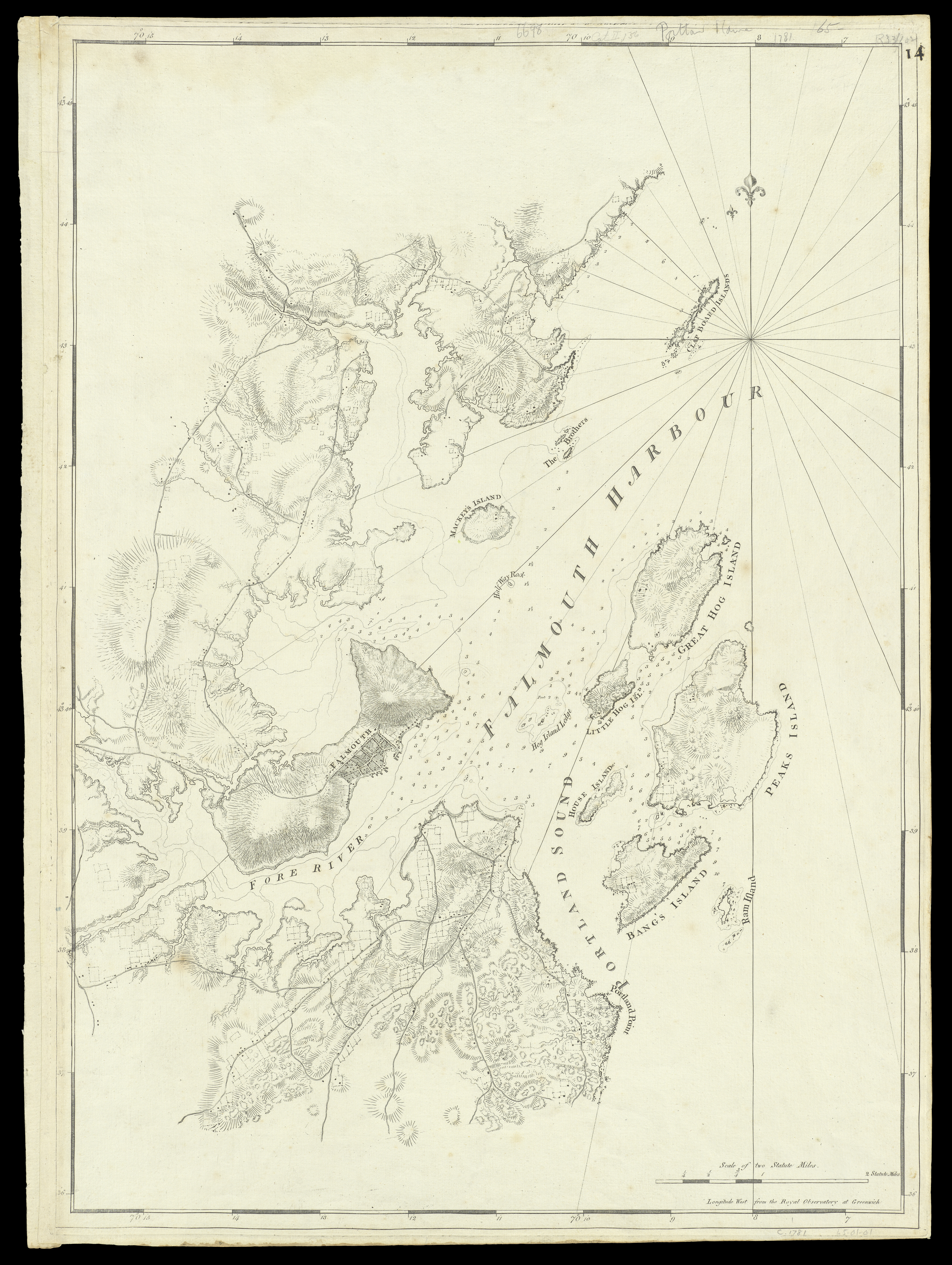 Nautical chart showing Portland Harbor in the 18th century
