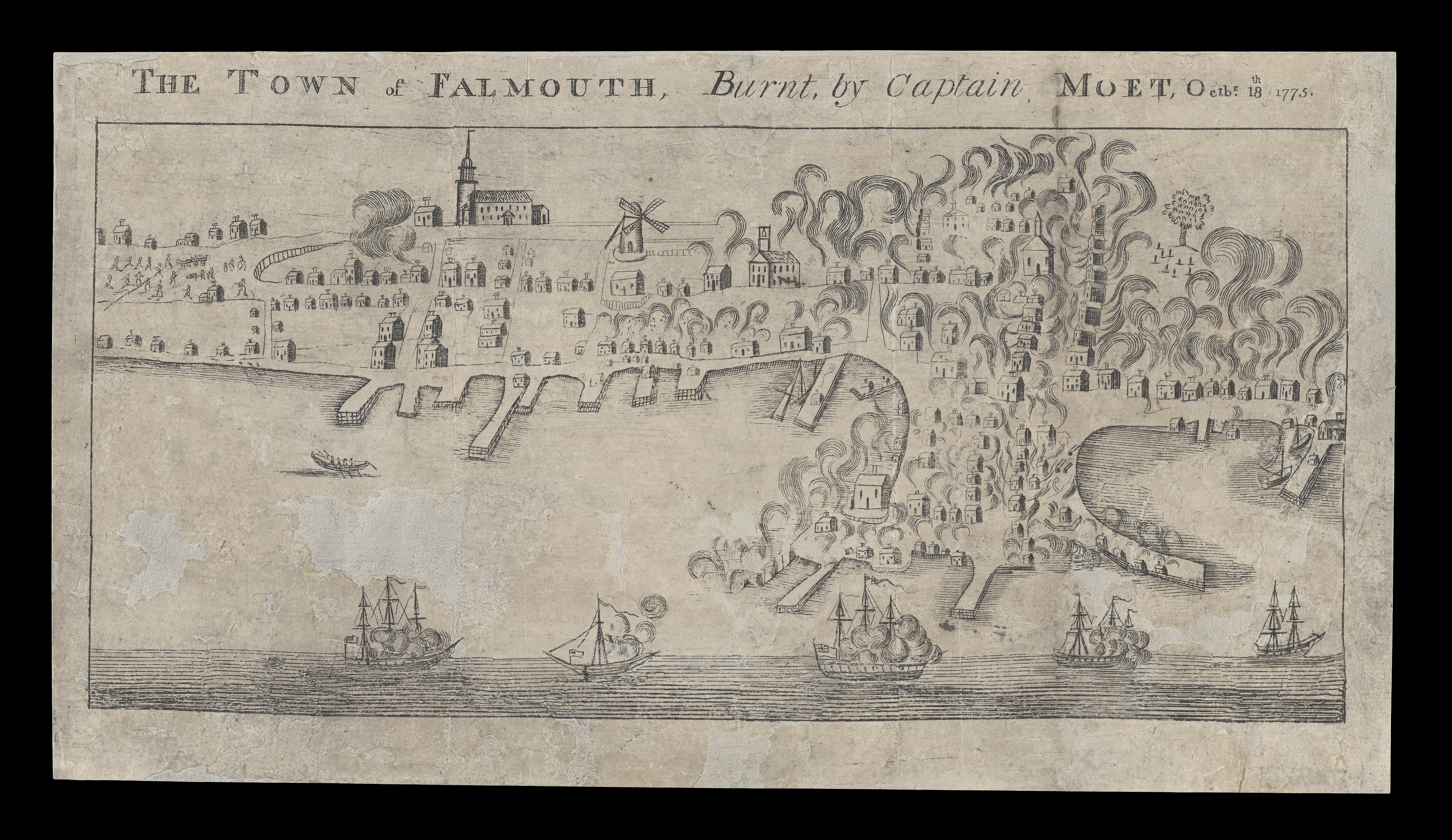 Engraving showing the Town of Falmouth [Portland] in flames during the British bombardment ordered by Captain Moet in 1775.