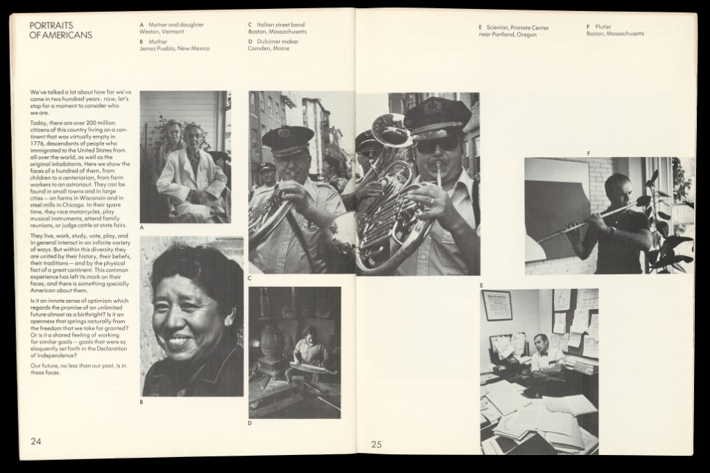 Spread of pages 24-25 from publication related to bicentennial exhibit. The pages include black and white photographs of people from around the United States of America.