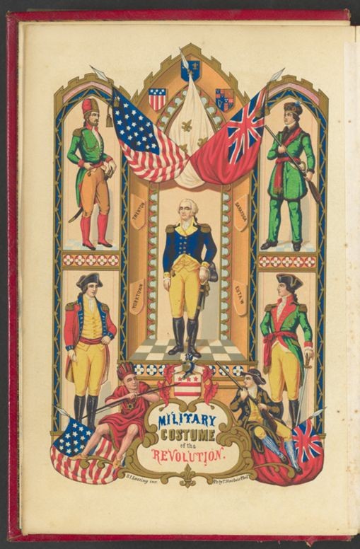 Illustration from a textbook showing military uniforms from the Amerian Revolution.