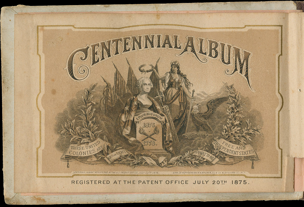 Engraved cover page for the 'Centennial Album' depicting George Washington at a monument and other iconography.
