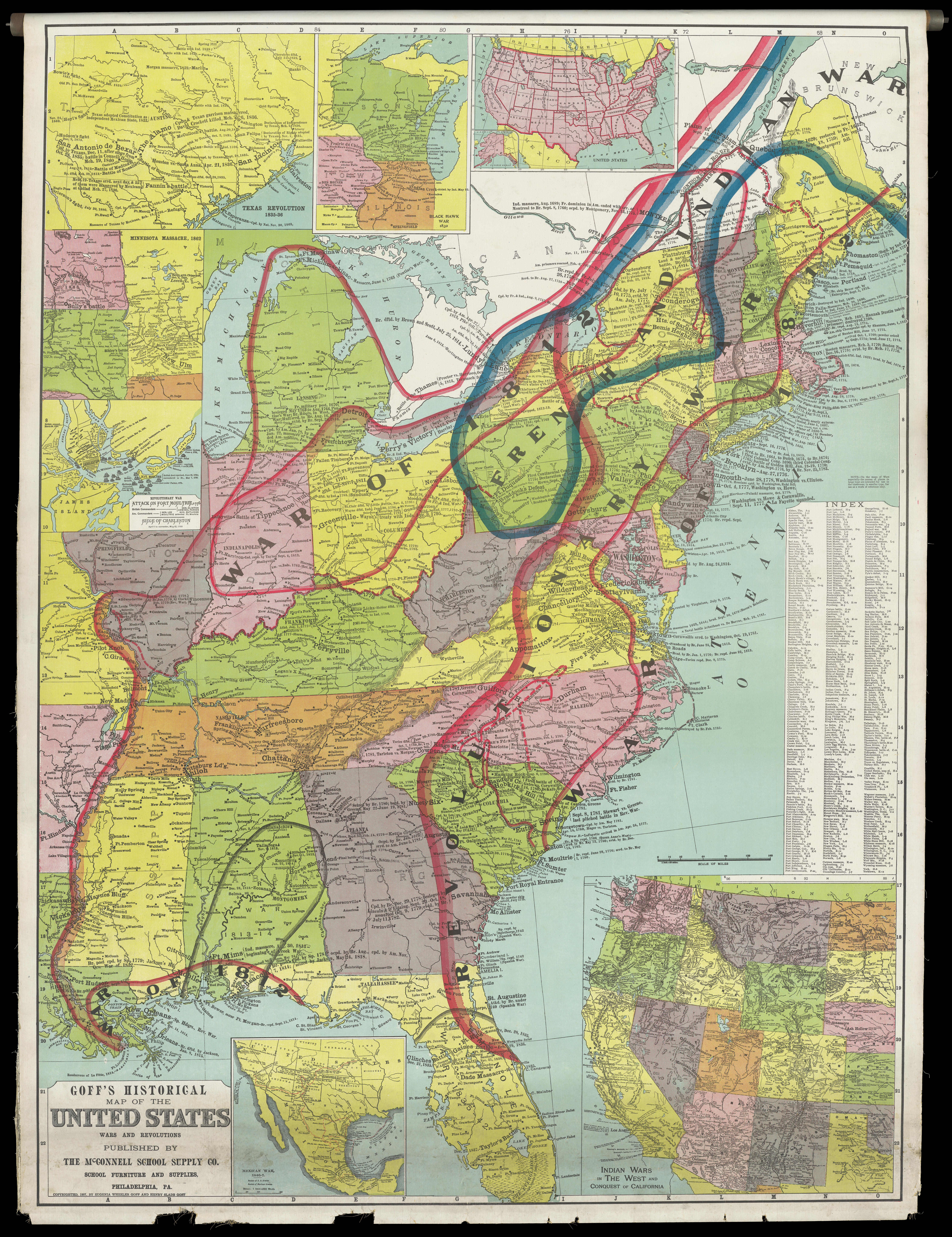 Map of the eastern United States with areas of war and conflict circled and annotated.