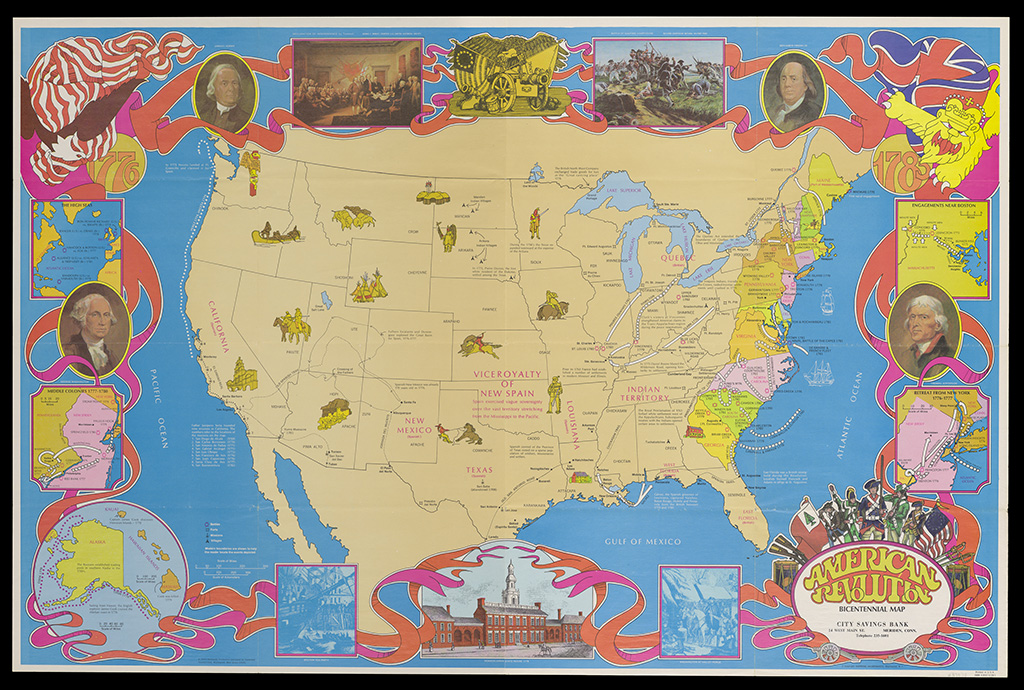 Large format map of the United States featuring vignettes of the American Revolution. Also included are insets of the California Missions, the exploration of Alaska and Hawaii by Captain James Cook.