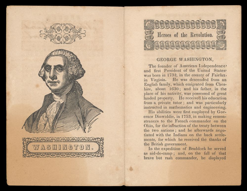 Engraved portrait of George Washington's bust and the first page from a textbook about heroes of the American Revolution.