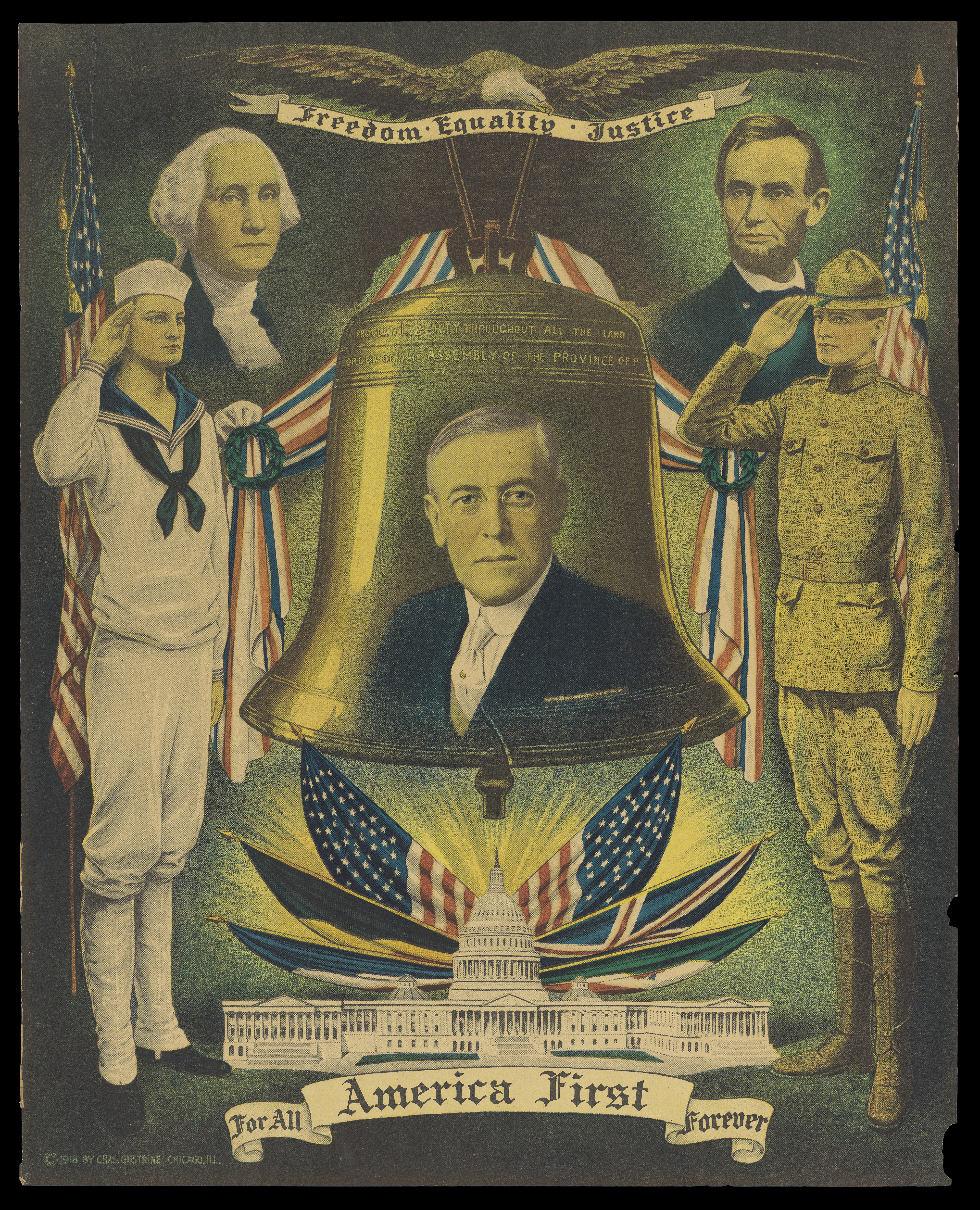 Poster with Woodrow Wilson's portrait on the Liberty Bell with other American history iconography such as George Washington and Abraham Lincoln.