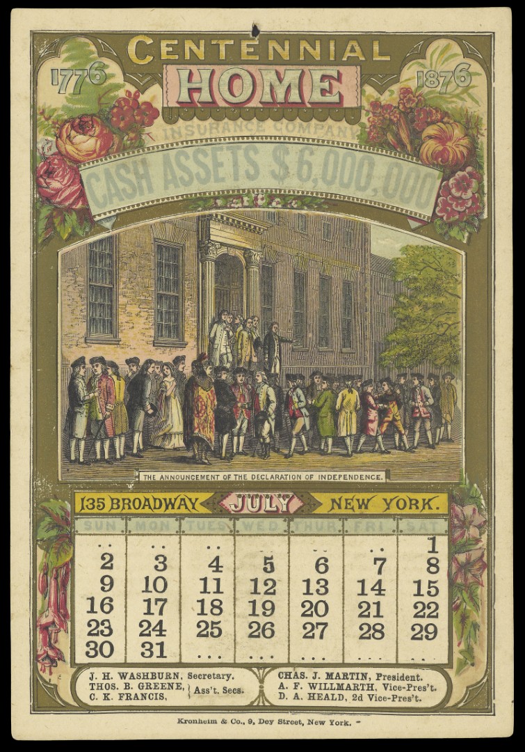 Calendar page for July 1876 with a chromolithographic image of the announcing of the signing of the Declaration of Independence