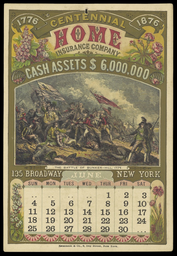 Calendar page for June 1876 with a chromolithographic image of the Battle of Bunker Hill