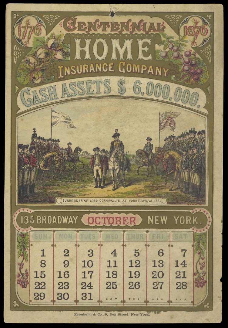 Calendar page for October 1876 with a chromolithographic image of the surrender of Lord Cornwallis