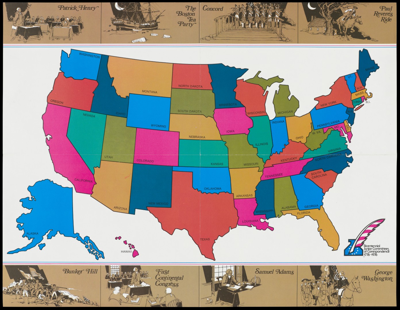 Map of the United States with each state in a different color and Revolutionary war imagery along top and bottom borders.
