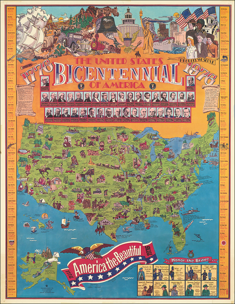 Pictoral map with iconography of American history around the border including information about famous figures from American history.