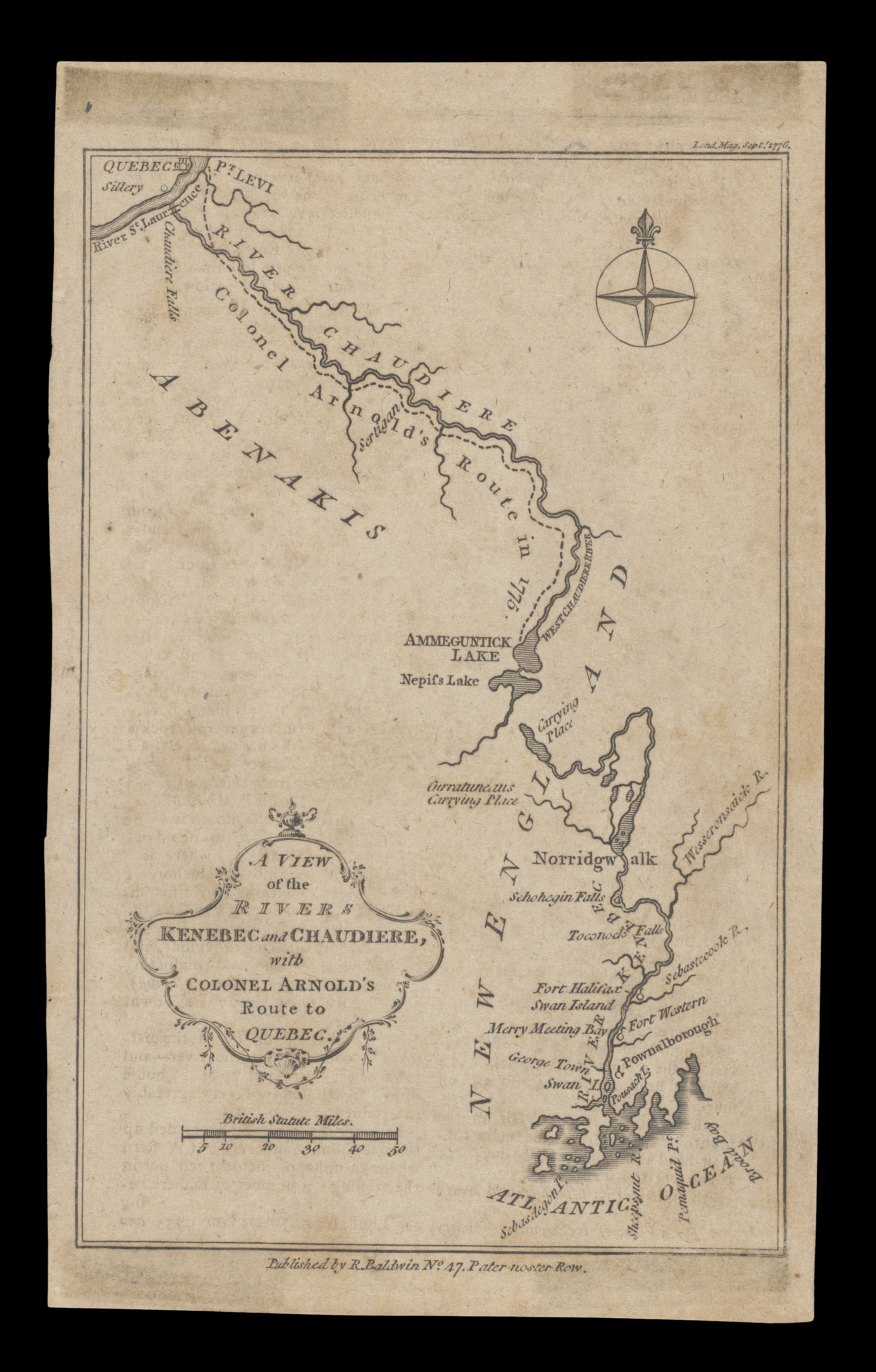 Map showing the Kennebec and Chaudiere rivers and the route followed by Benedict Arnold in a military expedition to take Quebec.