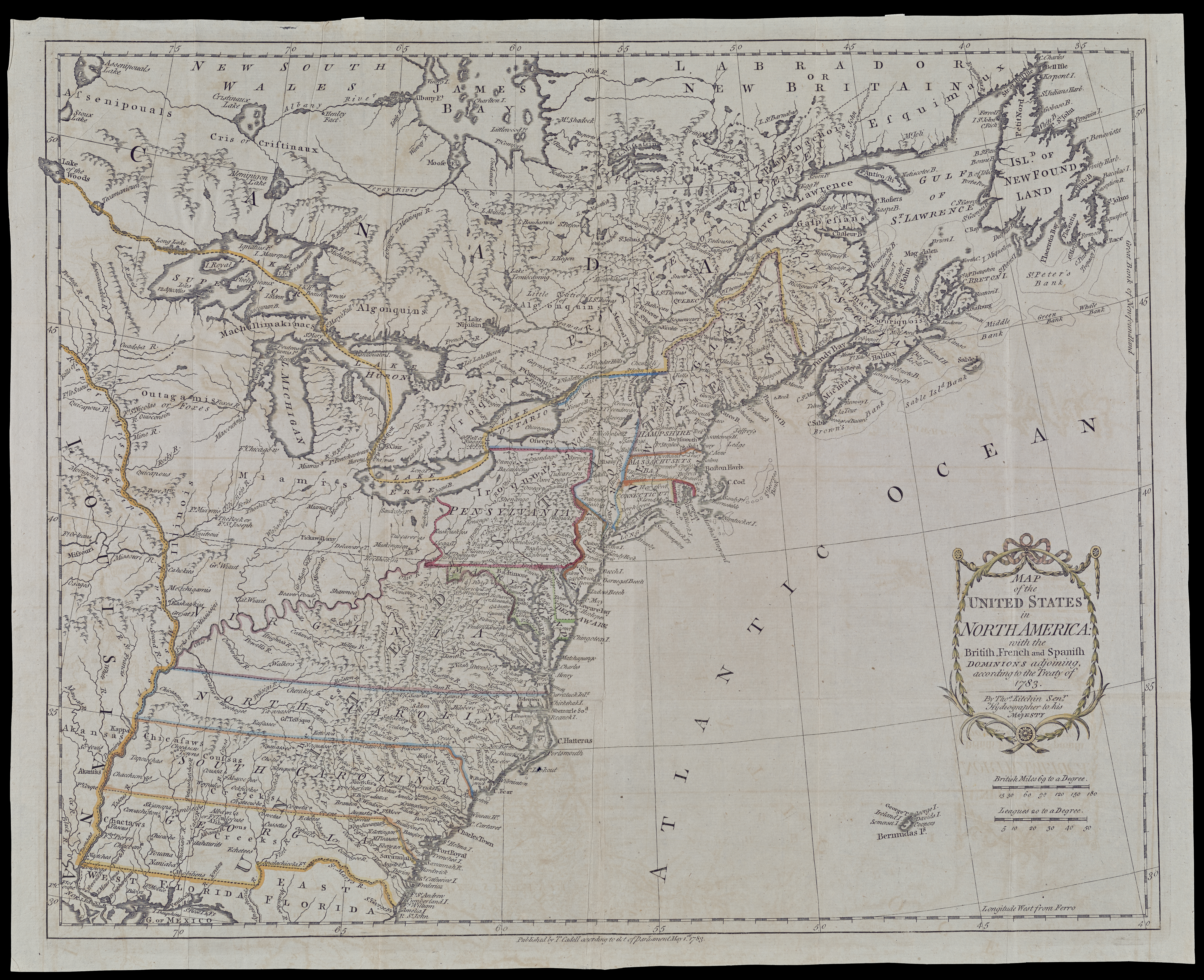 Map of the United States east of the Mississippi River, and Eastern Canada with yellow, red, and blue lines showing boundaries.