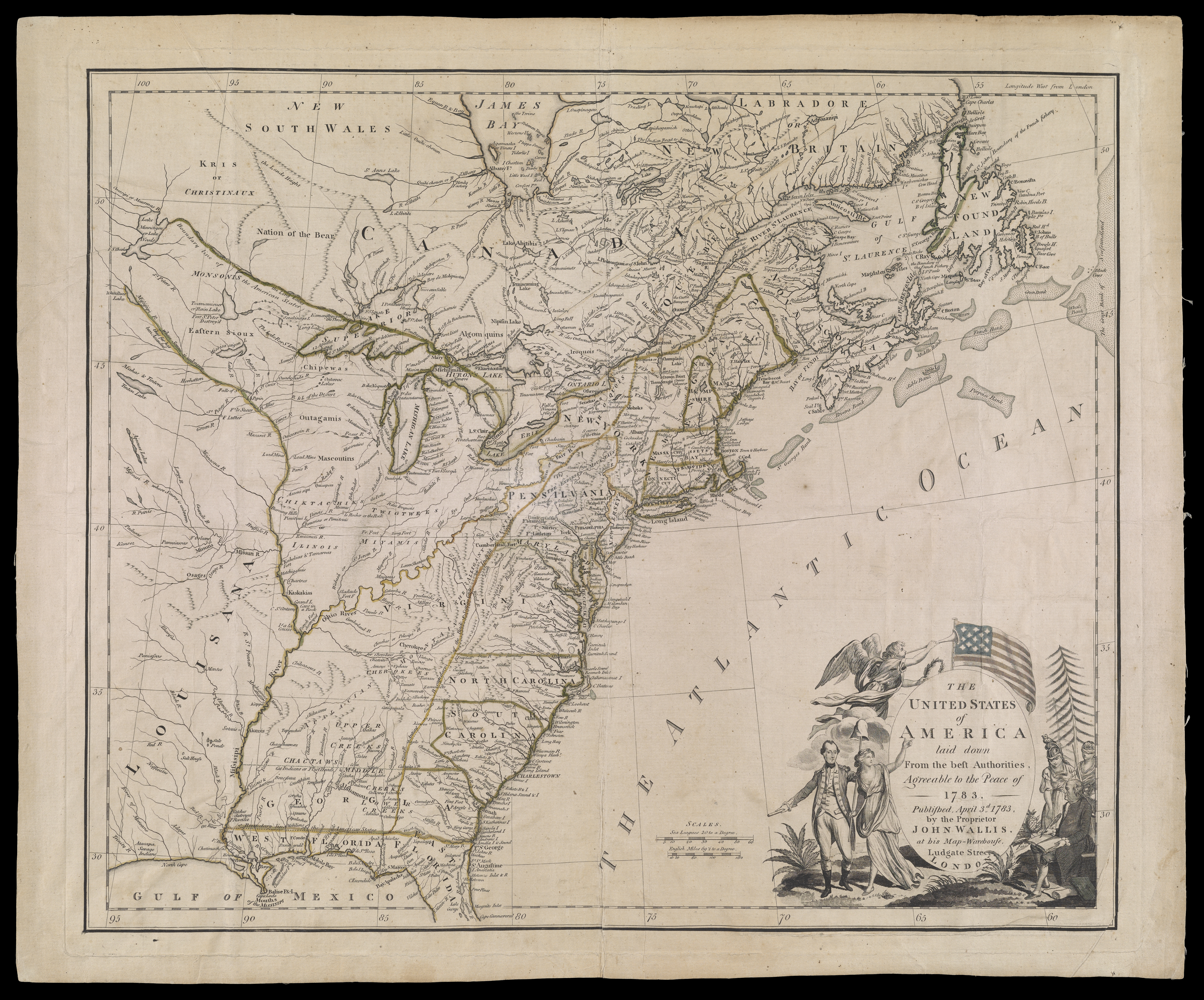 Map of the United States east of the Mississippi River showing state boundaries, rivers, and Indian tribes. The cartouche in the lower right depicts Benjamin Franklin and George Washington.