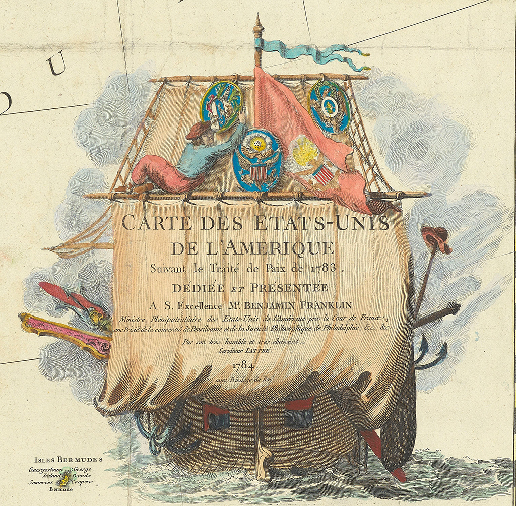 Detail of the cartouche from a map of the United States east of the Mississippi and Eastern Canada in French. The title of the map is written across the sail.