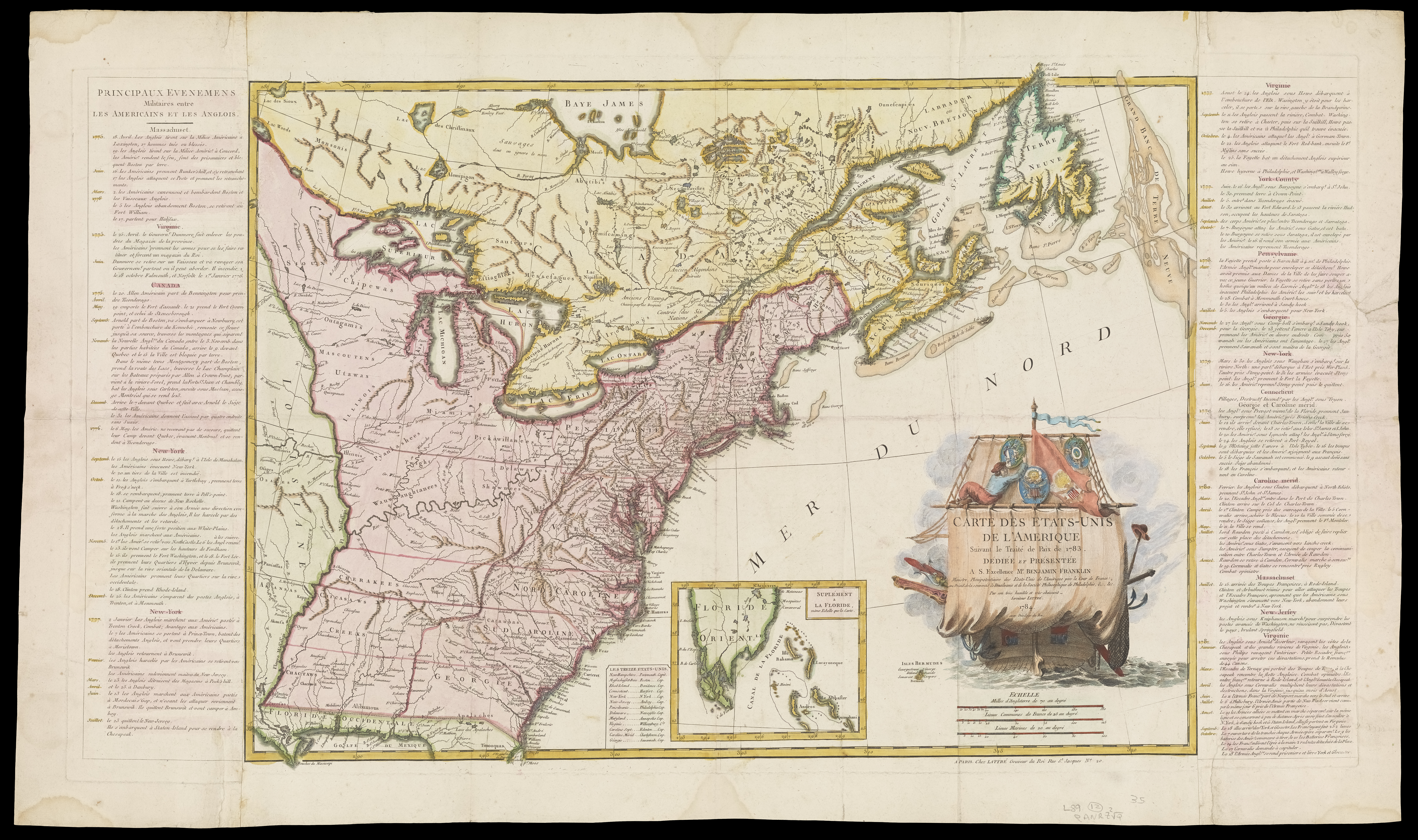 Map of the United States east of the Mississippi and Eastern Canada in French. The left and right margins of the map include notations regarding significant engagements of the American Revolution, organized by state.