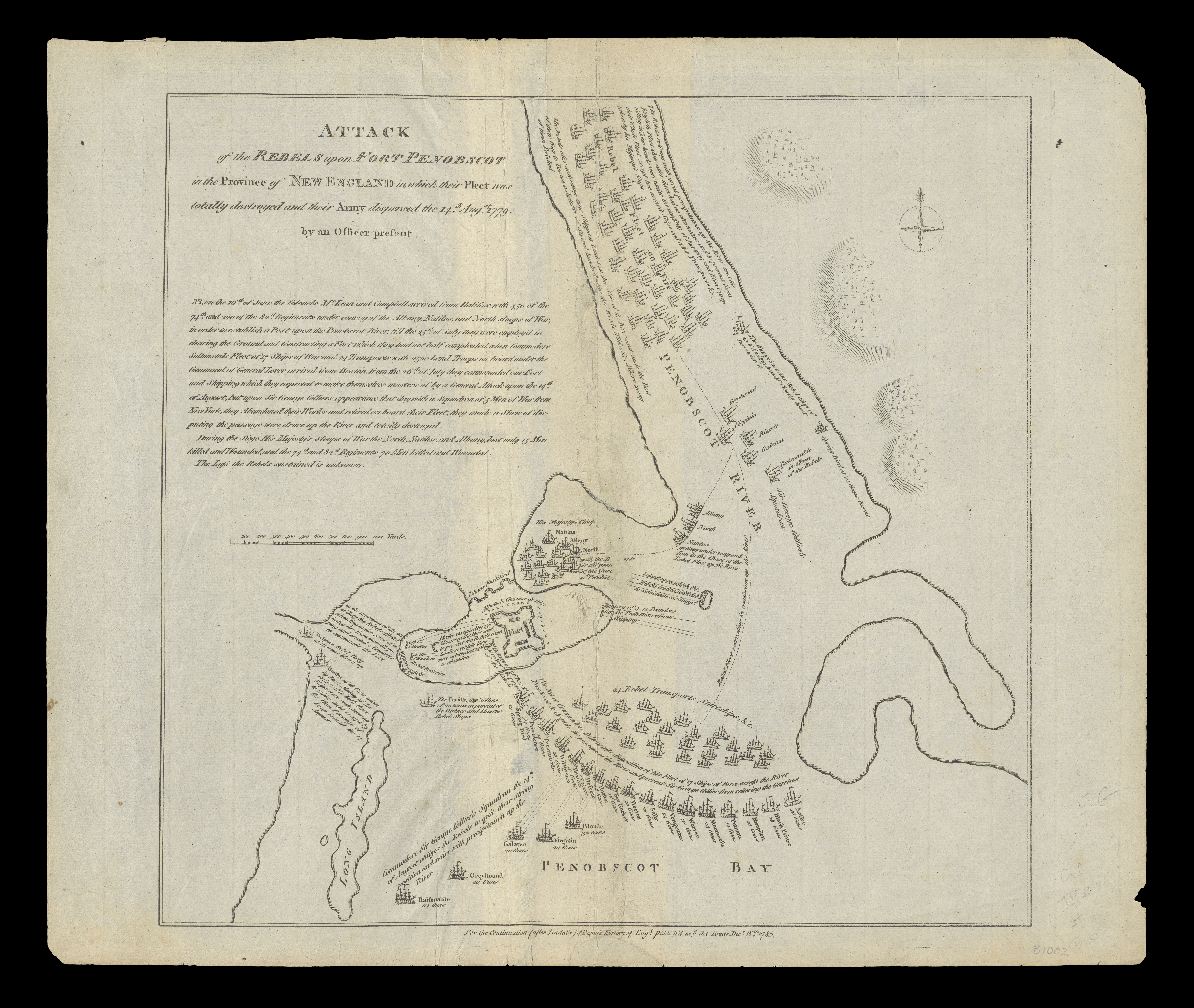 Engraving of a map showing battle plan for the attack on Fort Penobscot