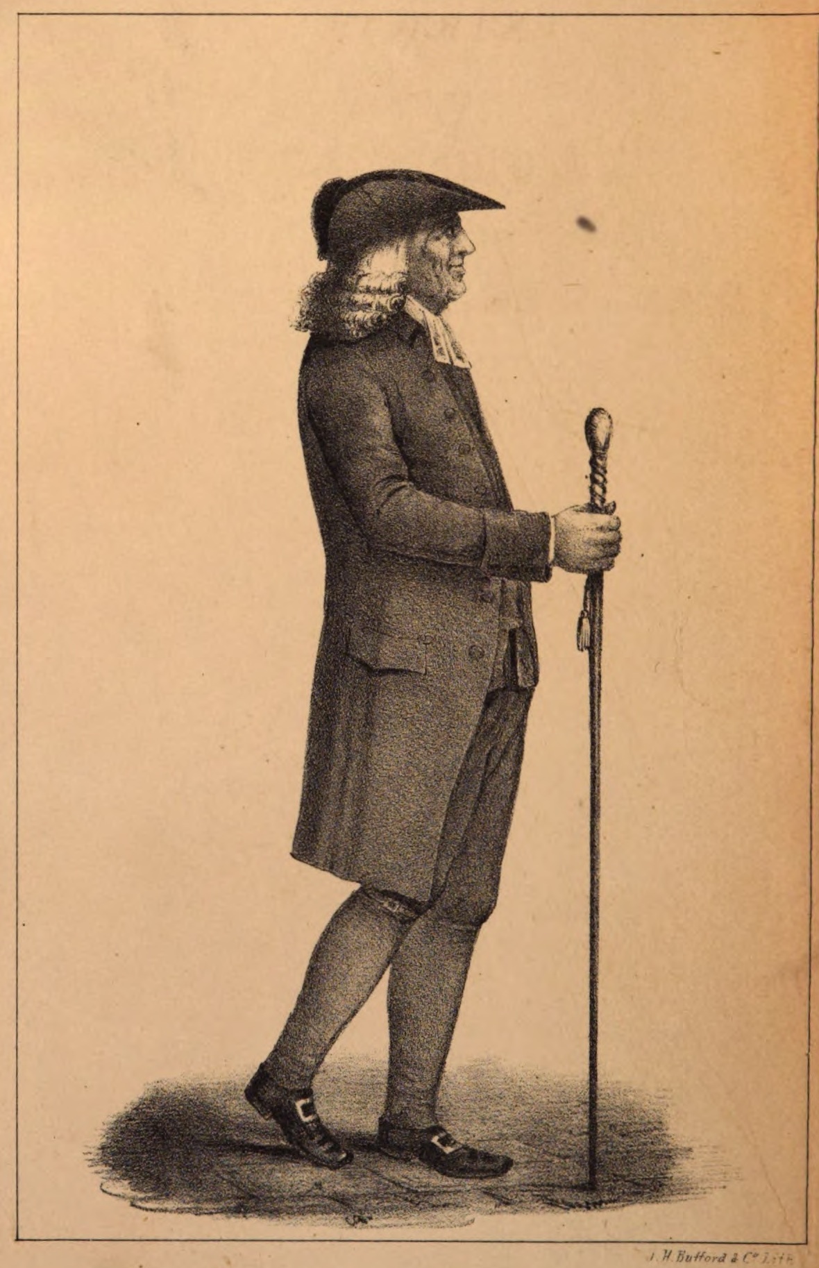 Engraving of Reverend Thomas Smith. He is in profile view and standing with a walking stick.