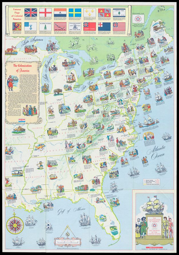 Map of the eastern half of the United States of America with imagery about the colonization of America and text remarking on specific events.