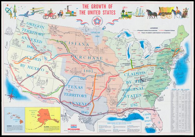 Map of the United States of America showing areas of expansion and their dates, indicated by different colored shading. Also includes travel lines for westward expansion, such as the Oregon Trail and the Erie Canal.