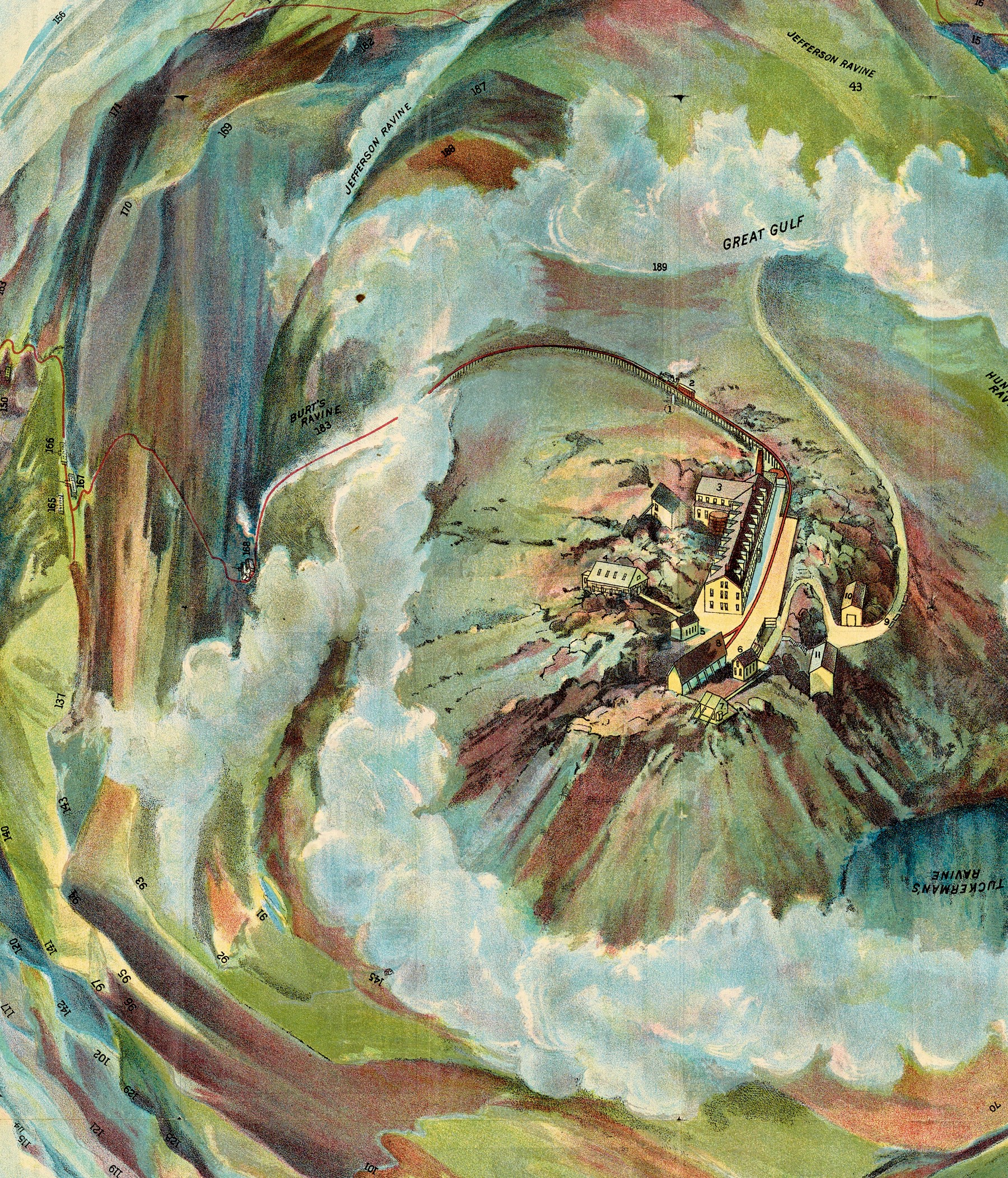 Zoomed in view of the top of Mount Washington from the chromolithograph print.