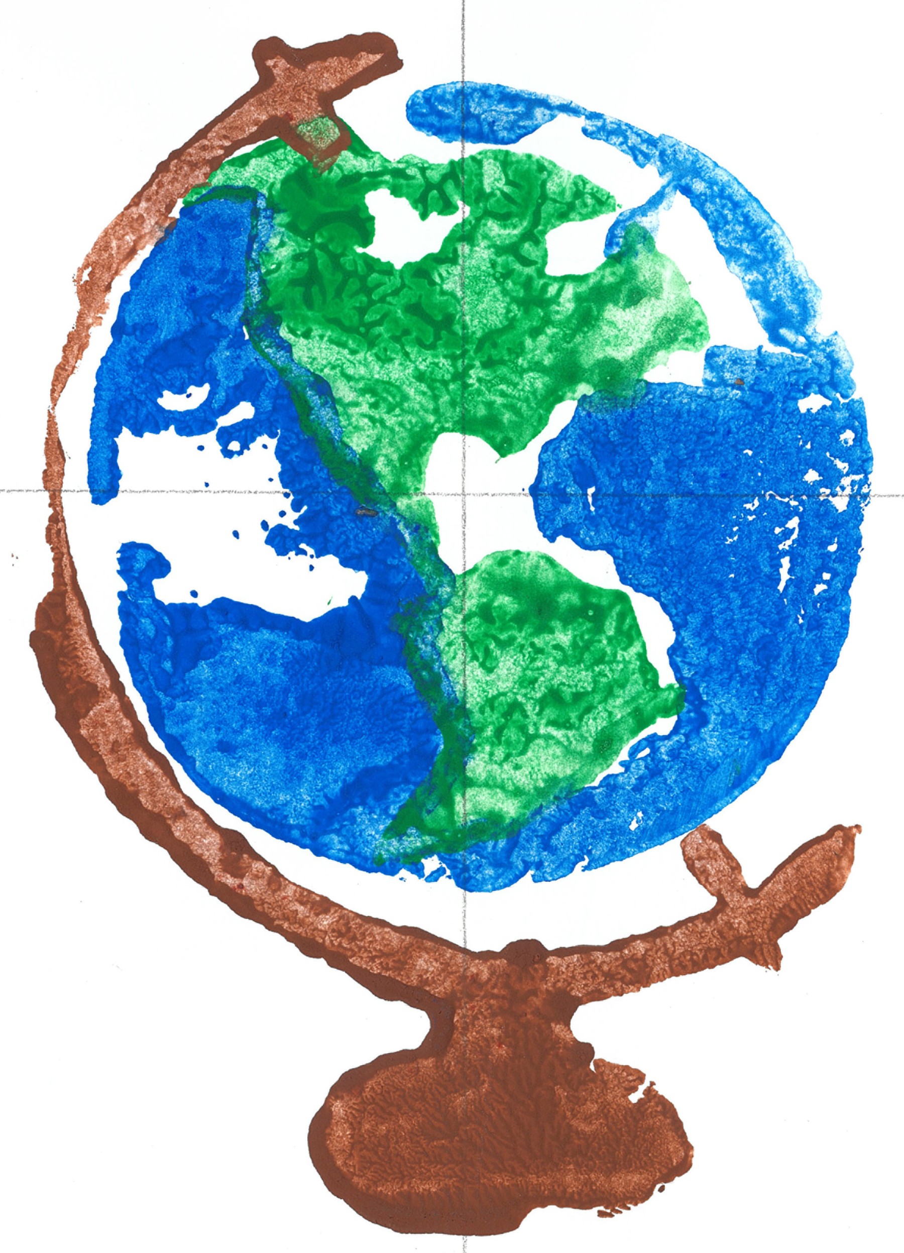 Image of a globe and stand created with a potato print.