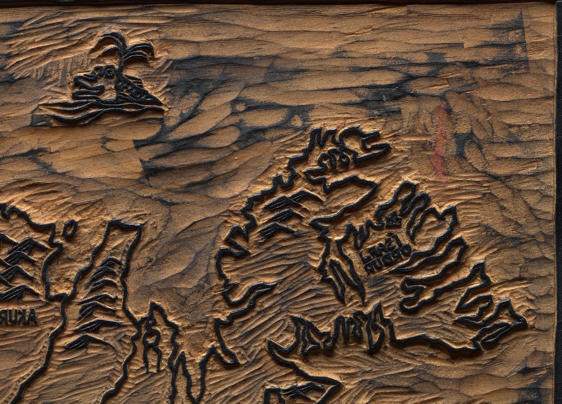 Inked wood block showing how prints come from the raised surfaces.