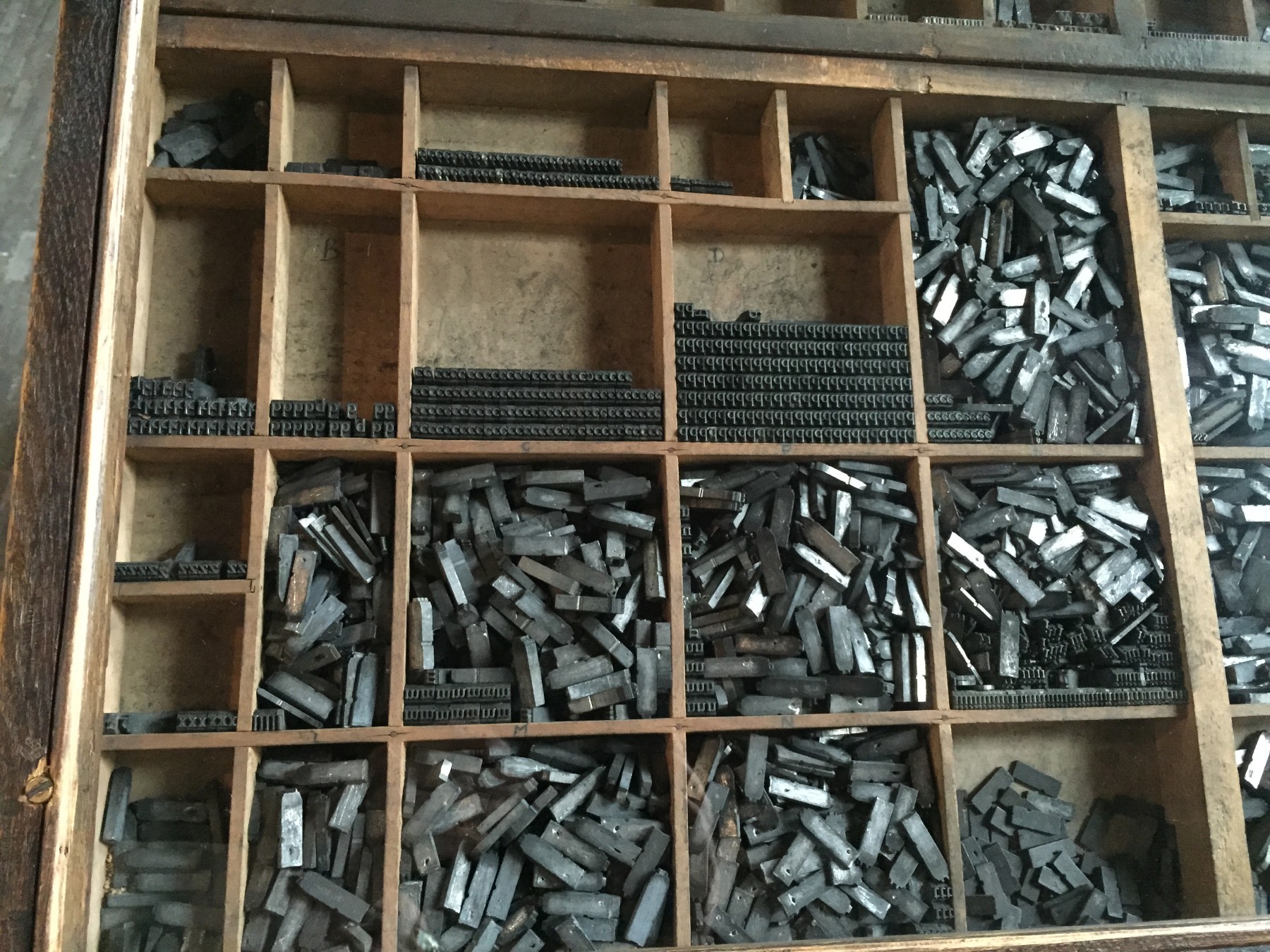 Characters used in a printing press, organized in a tray.