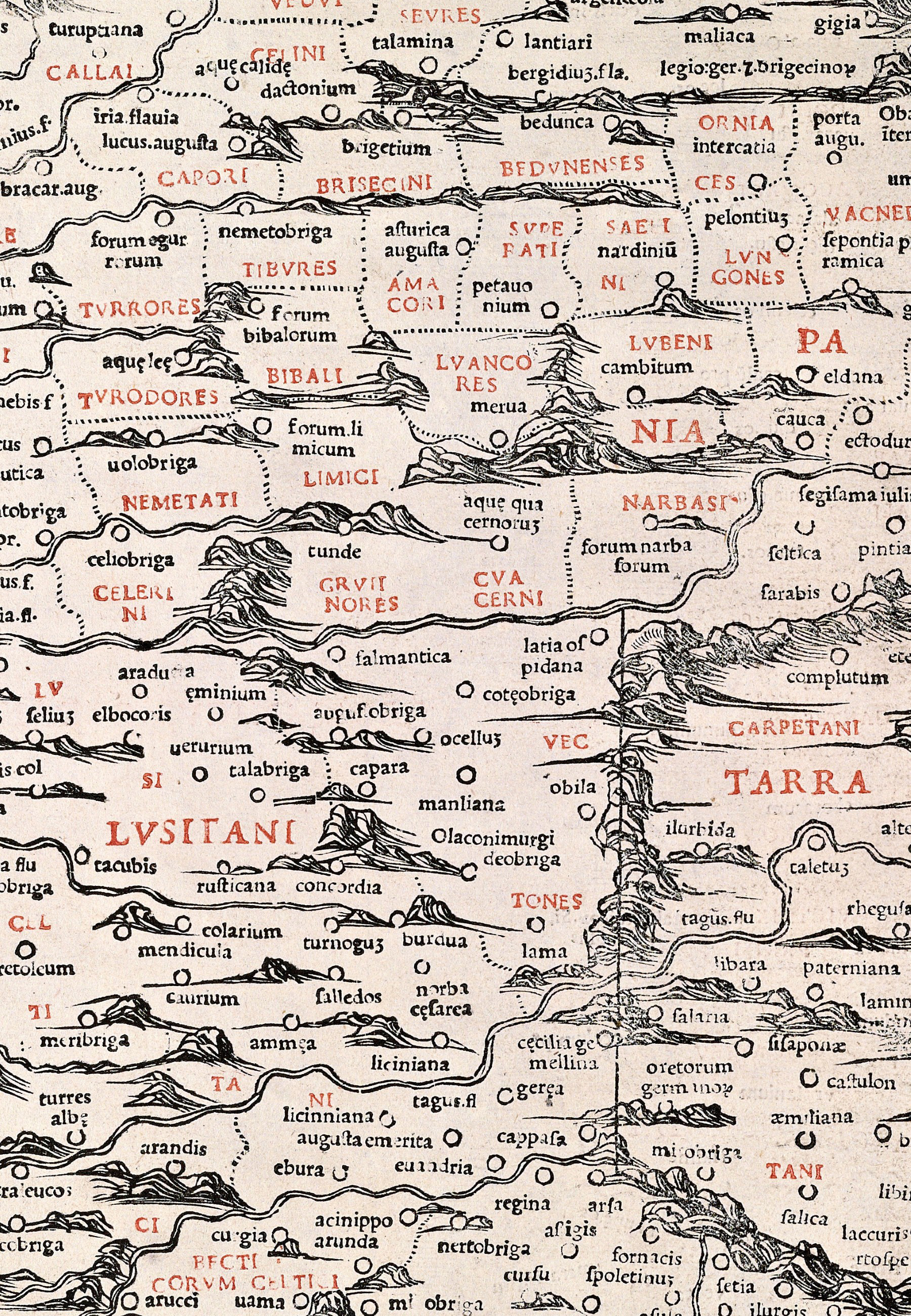 Example of a woodblock print image with red ink highlighting locations on the map.