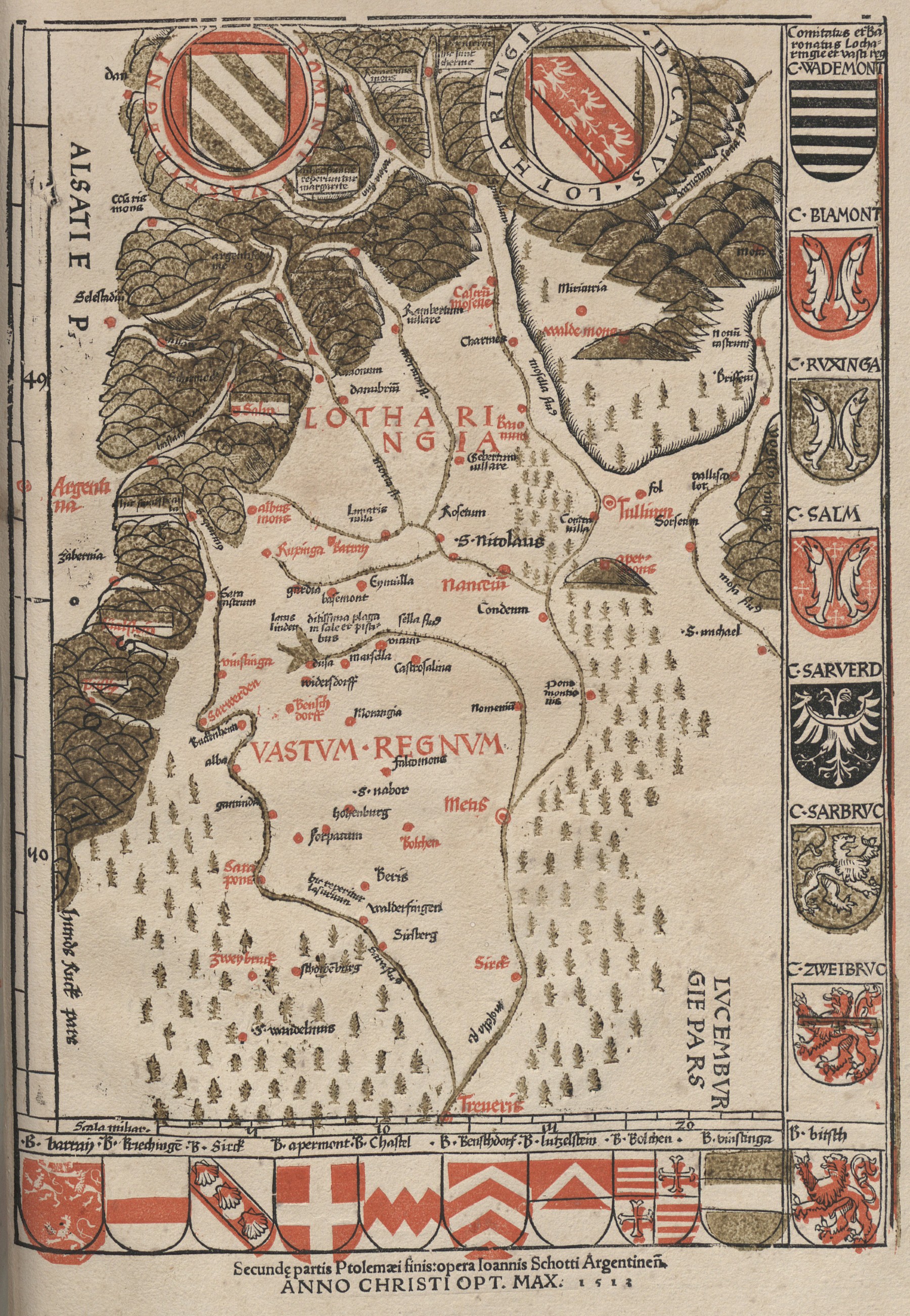 Example of a woodblock print with three colors, red, black, and green.