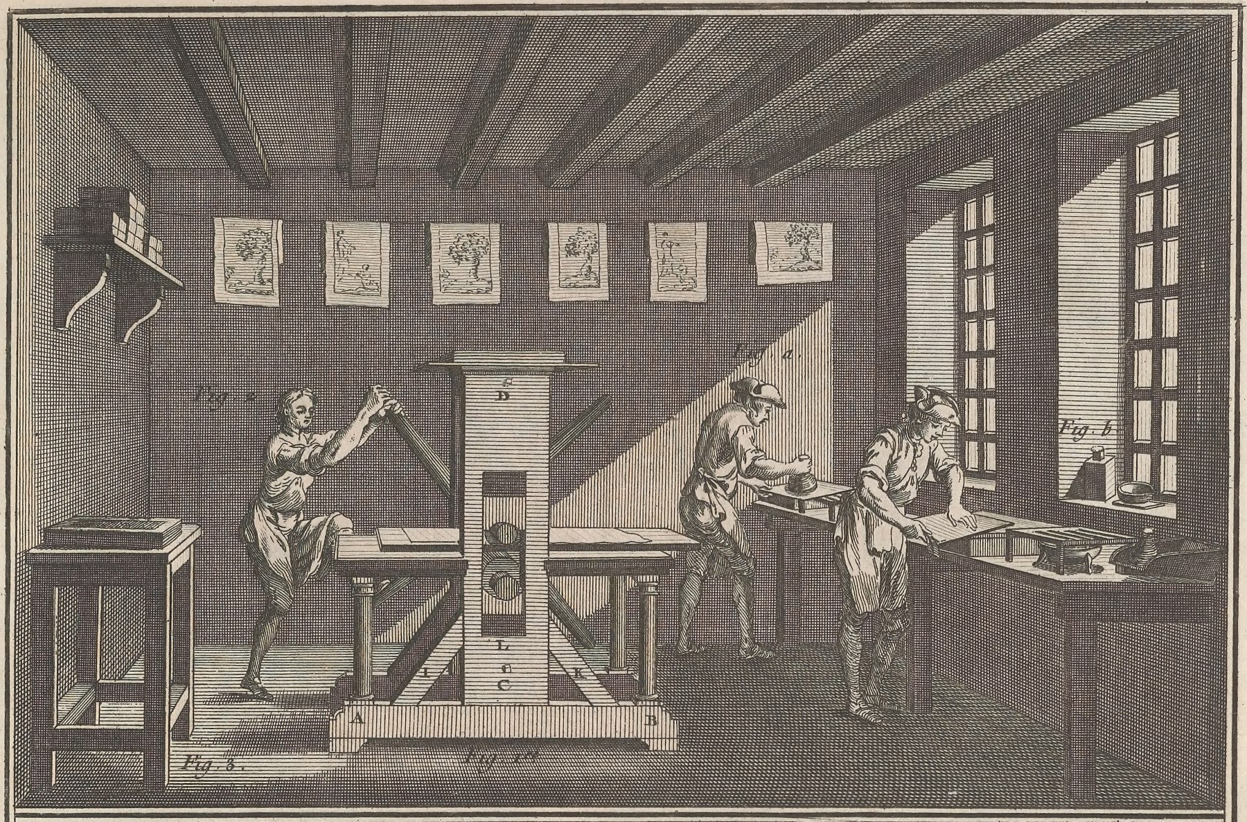 Illustration showing an itaglio press workshop.