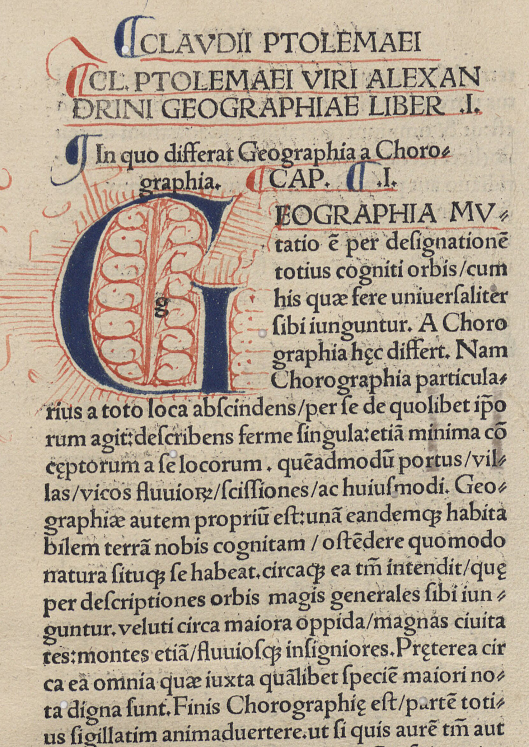 Detail from a book showing where a decorative G has been added by hand, as well as other flourishes along the page.