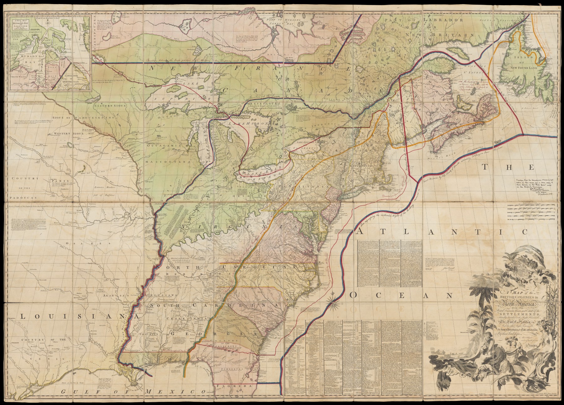 Hand colored map of the British Colonies in North America.