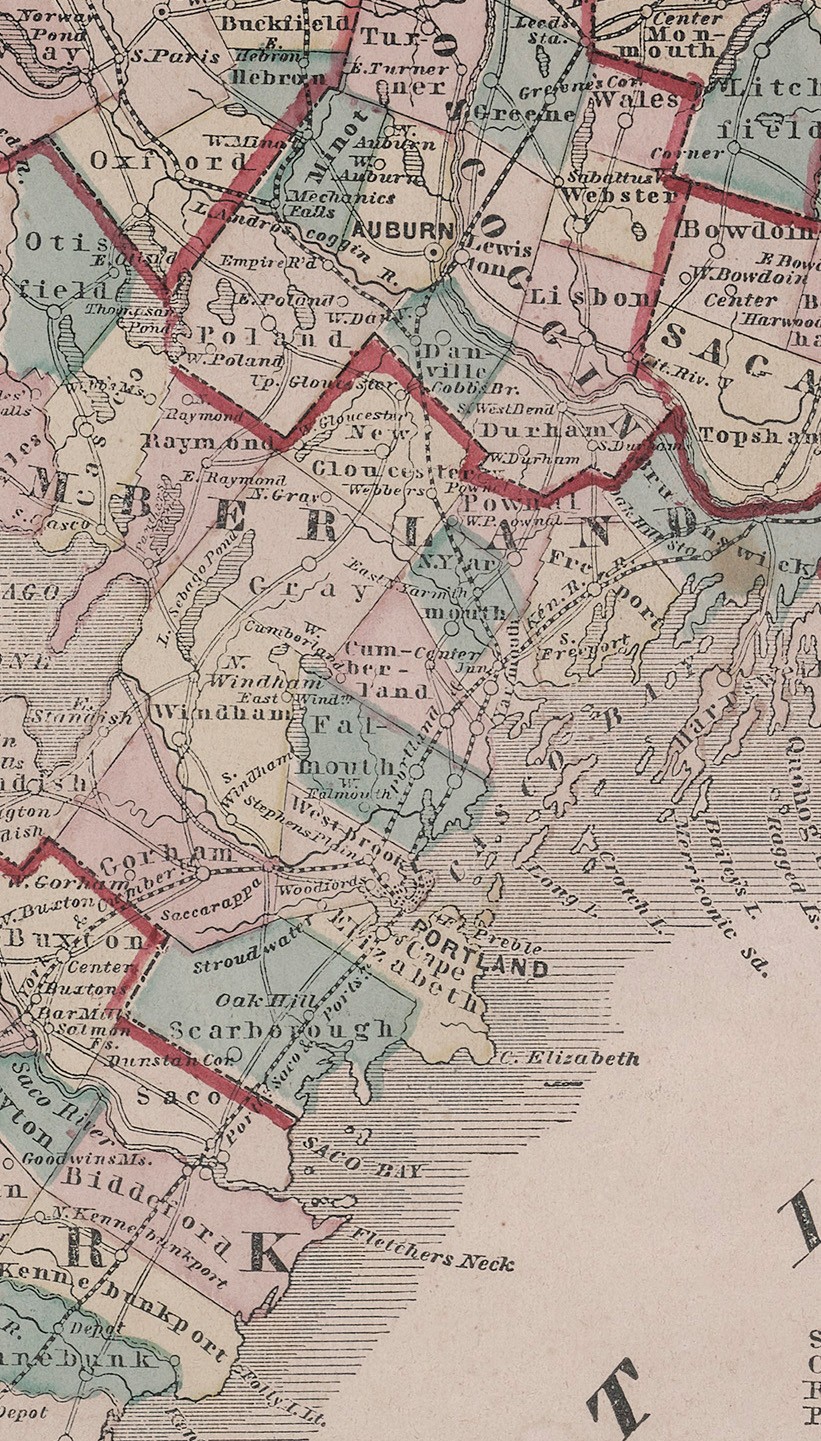 Detail of a map showing colors slightly offset, indicating that the color was added using a stencil.