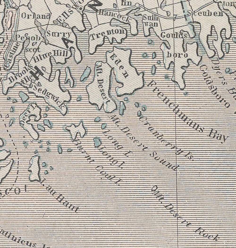 Detail of cerograph map of Maine showing fine lines.