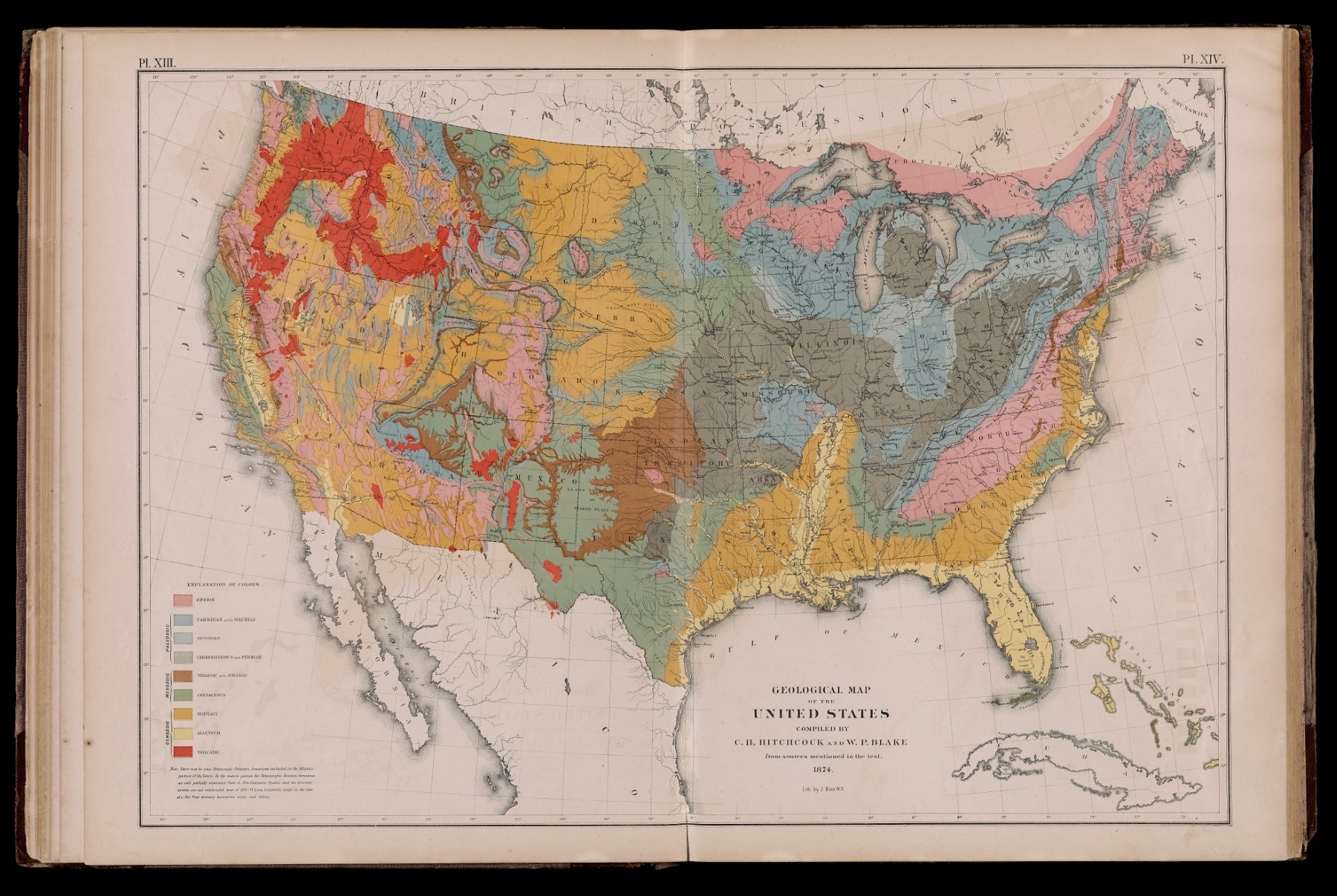 Example of a color lithograph printed map of the United States.
