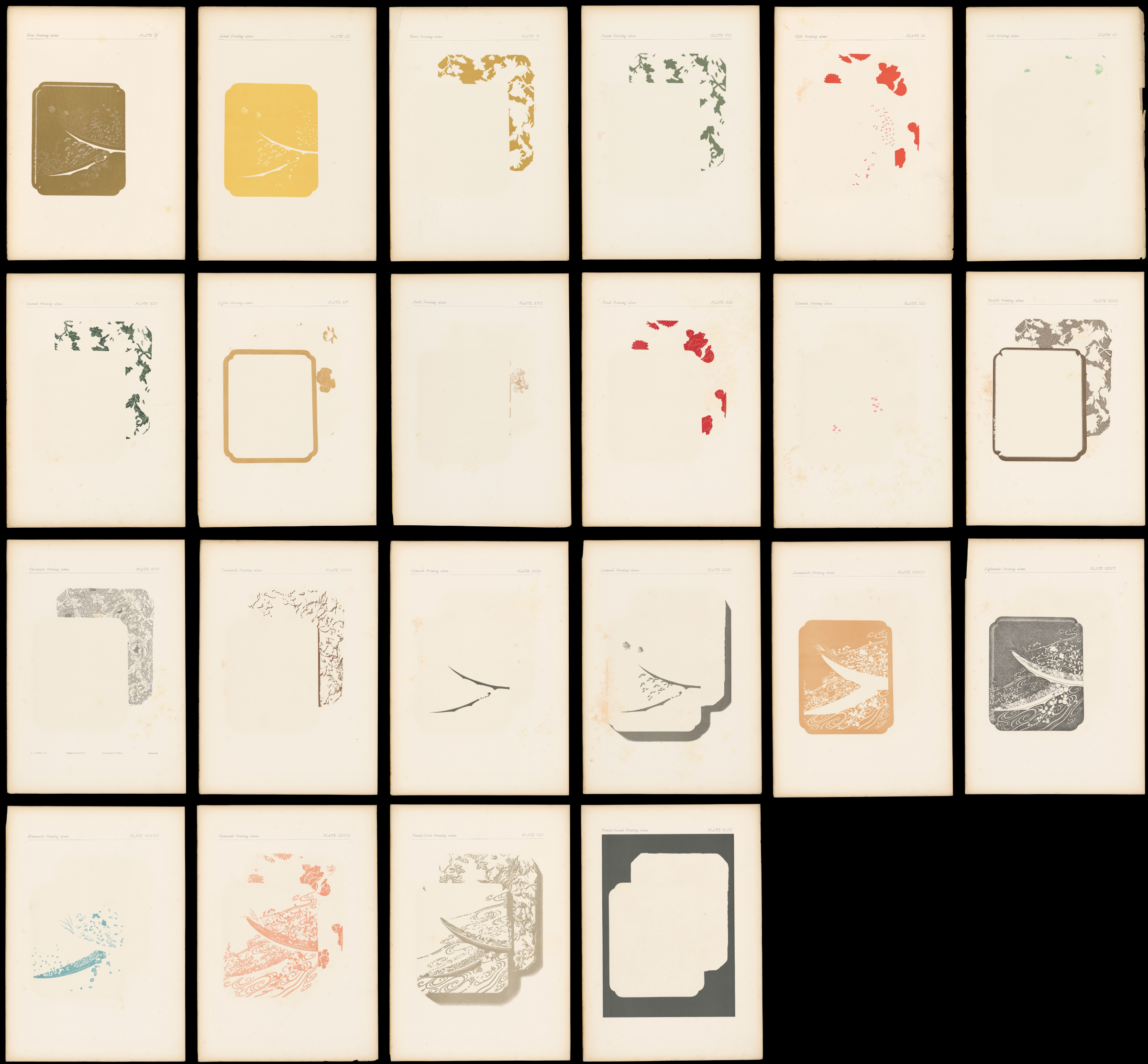 Array of the 22 individual color prints for a chromolithograph.