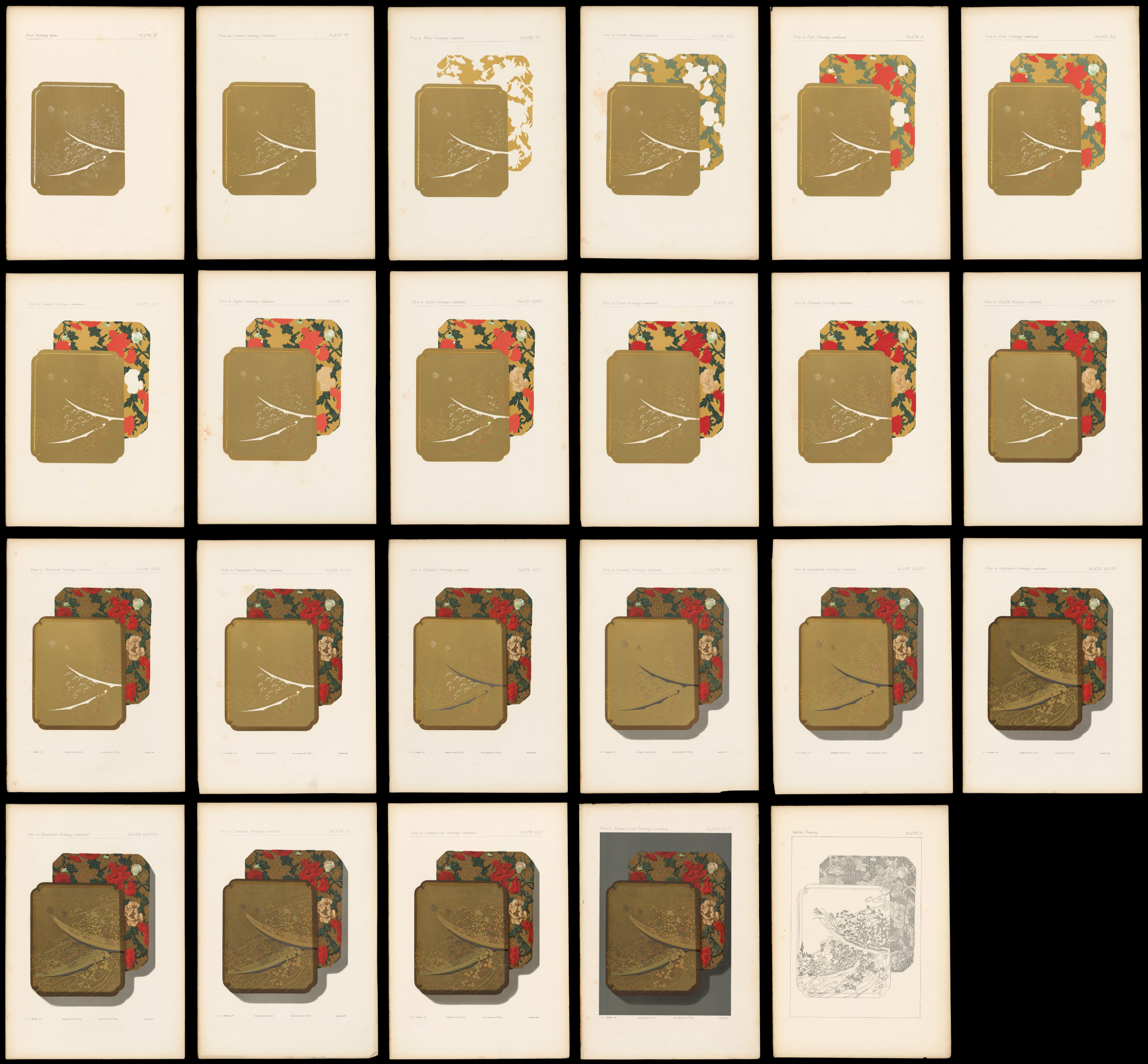 Array of 22 prints showing the successive prints for a completed chromolithographic print.