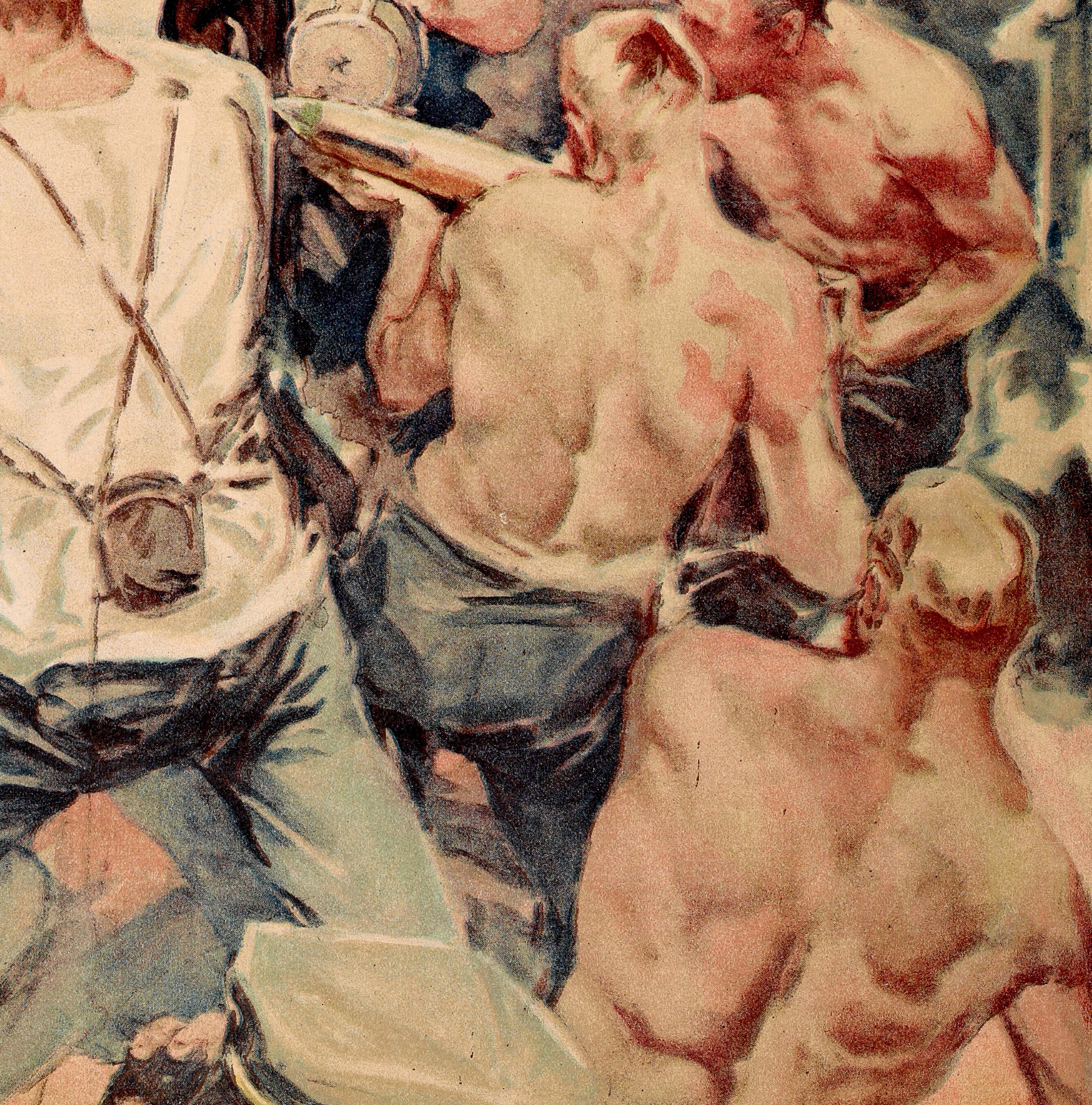 Detail of a chromolithographic print showing human figures and resembling a painting.