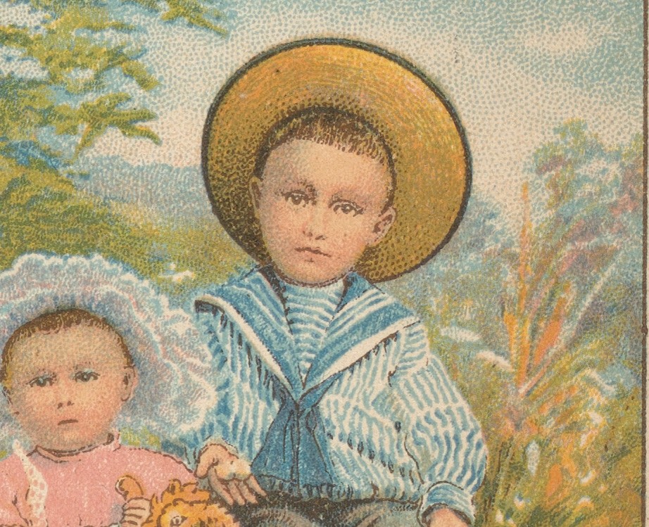 Detail of a chomolithographic print showing dots to suggest uniform color in some areas.