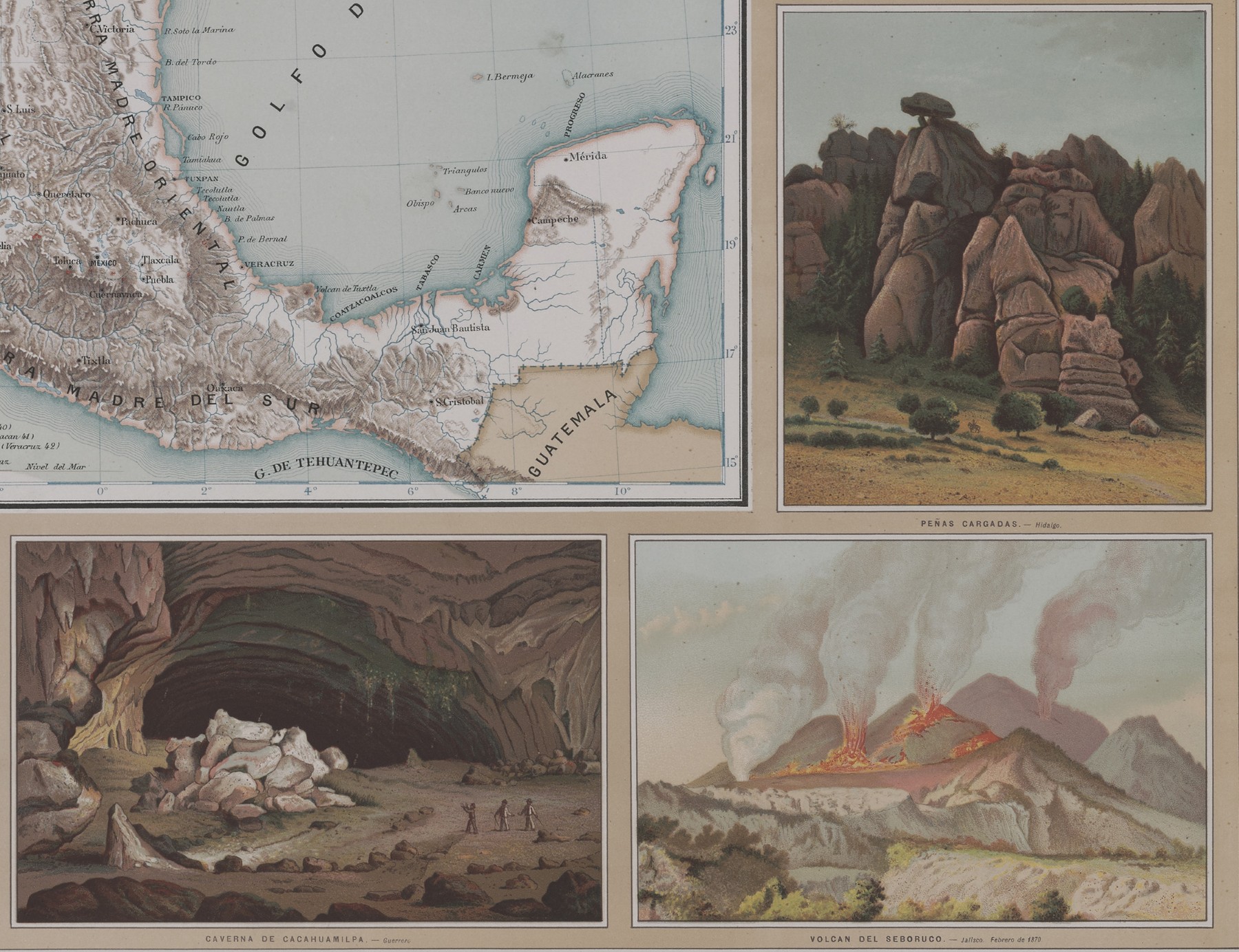 Detail of border of a map showing chromolithographic images of geographical features in Mexico.